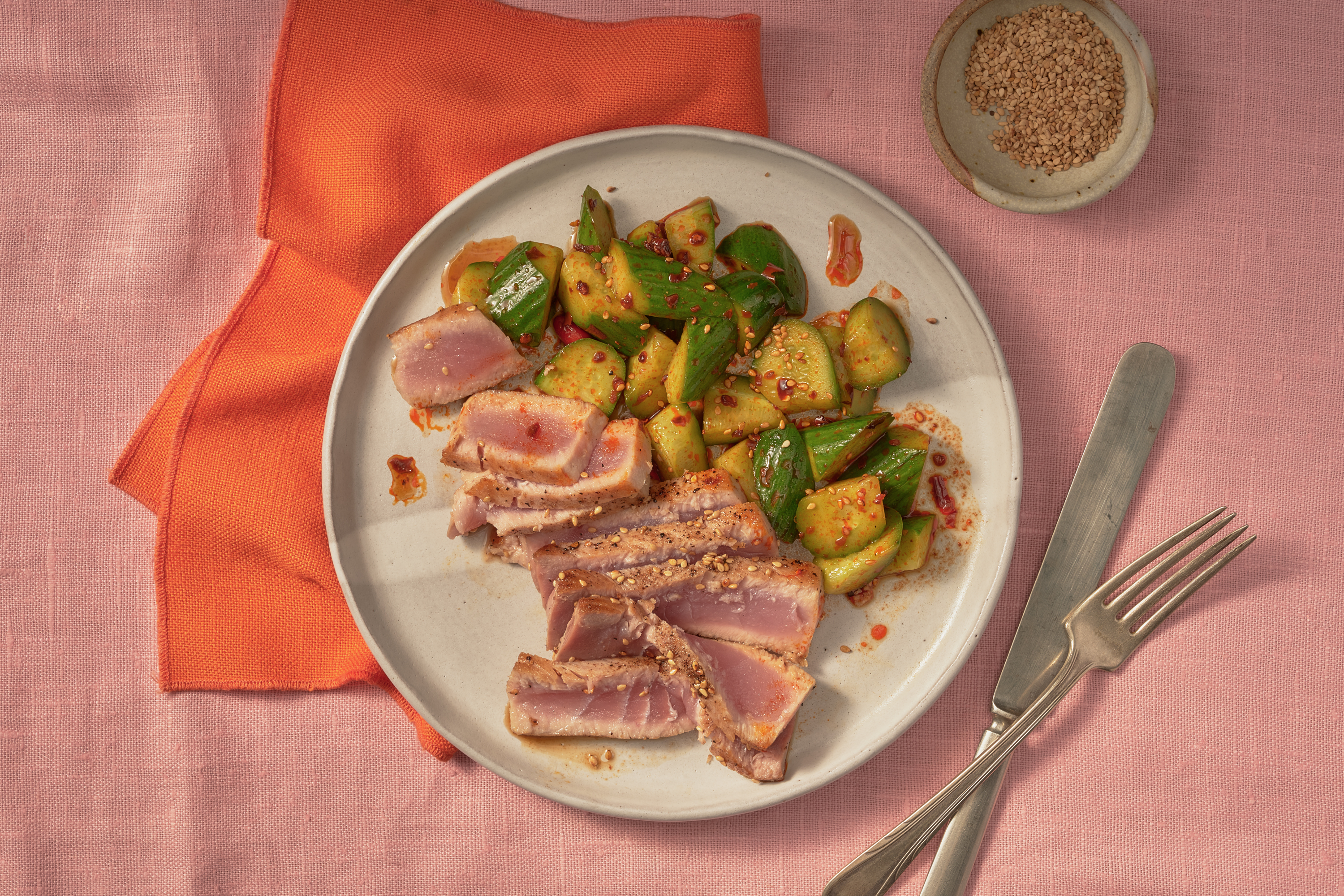 Seared Tuna With Marinated Vinegar Cucumbers and Sesame