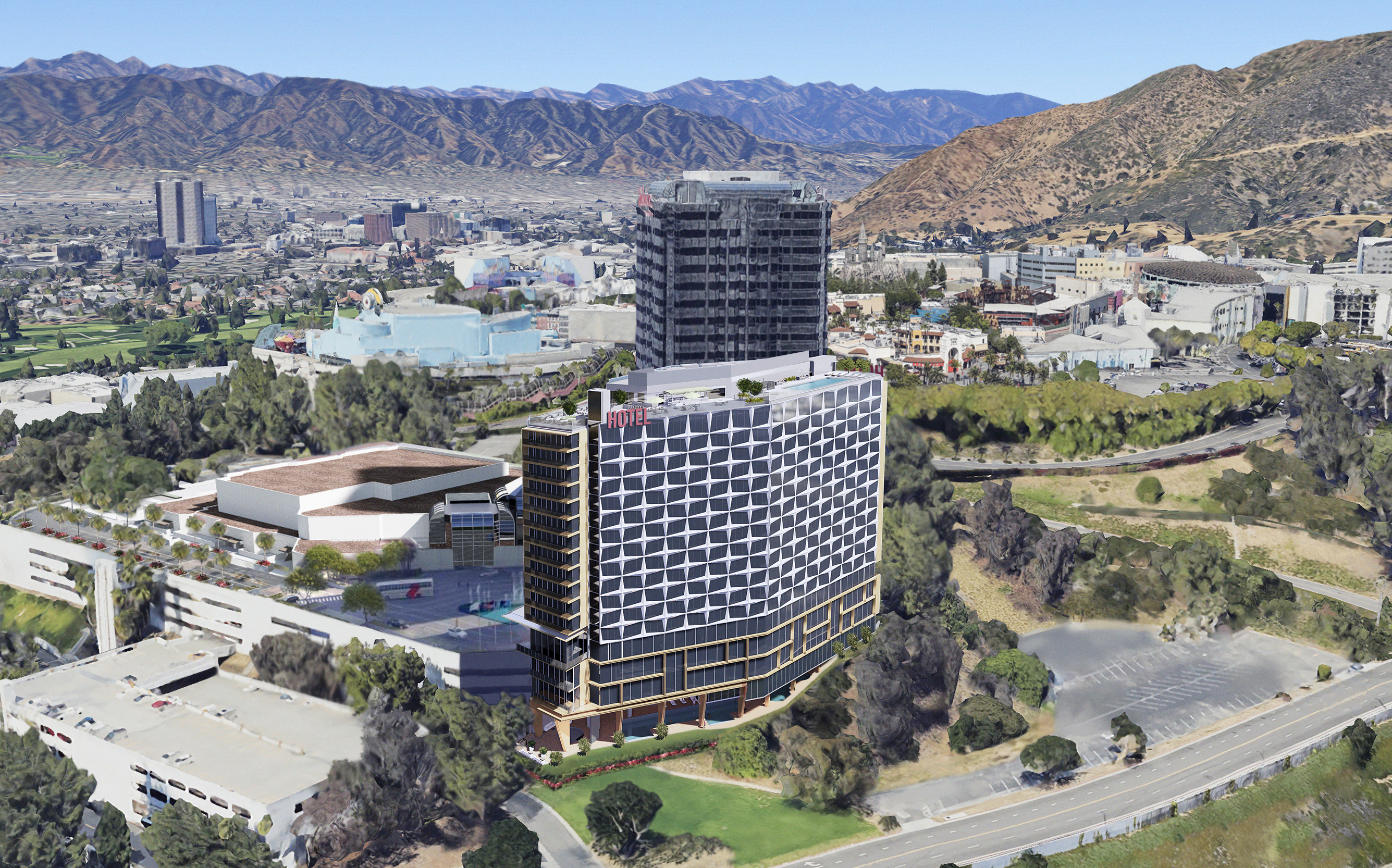 Rendering of a planned 18-story, 395-room addition to the existing 24-story Hilton Universal City Hotel in Universal City.