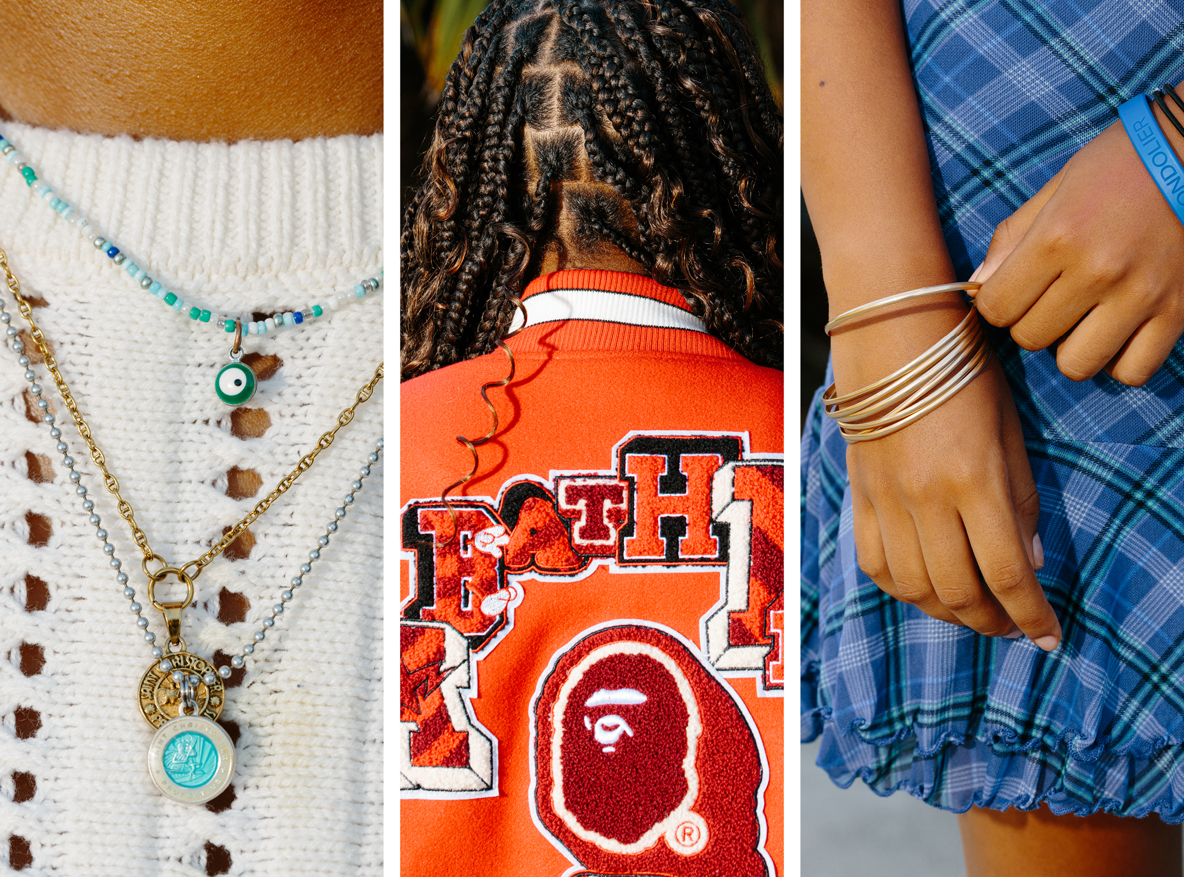 Details from the first day of school outfits of Faith Lister, left, Dallas Rosby, center, and Melanie Chevarria, right.