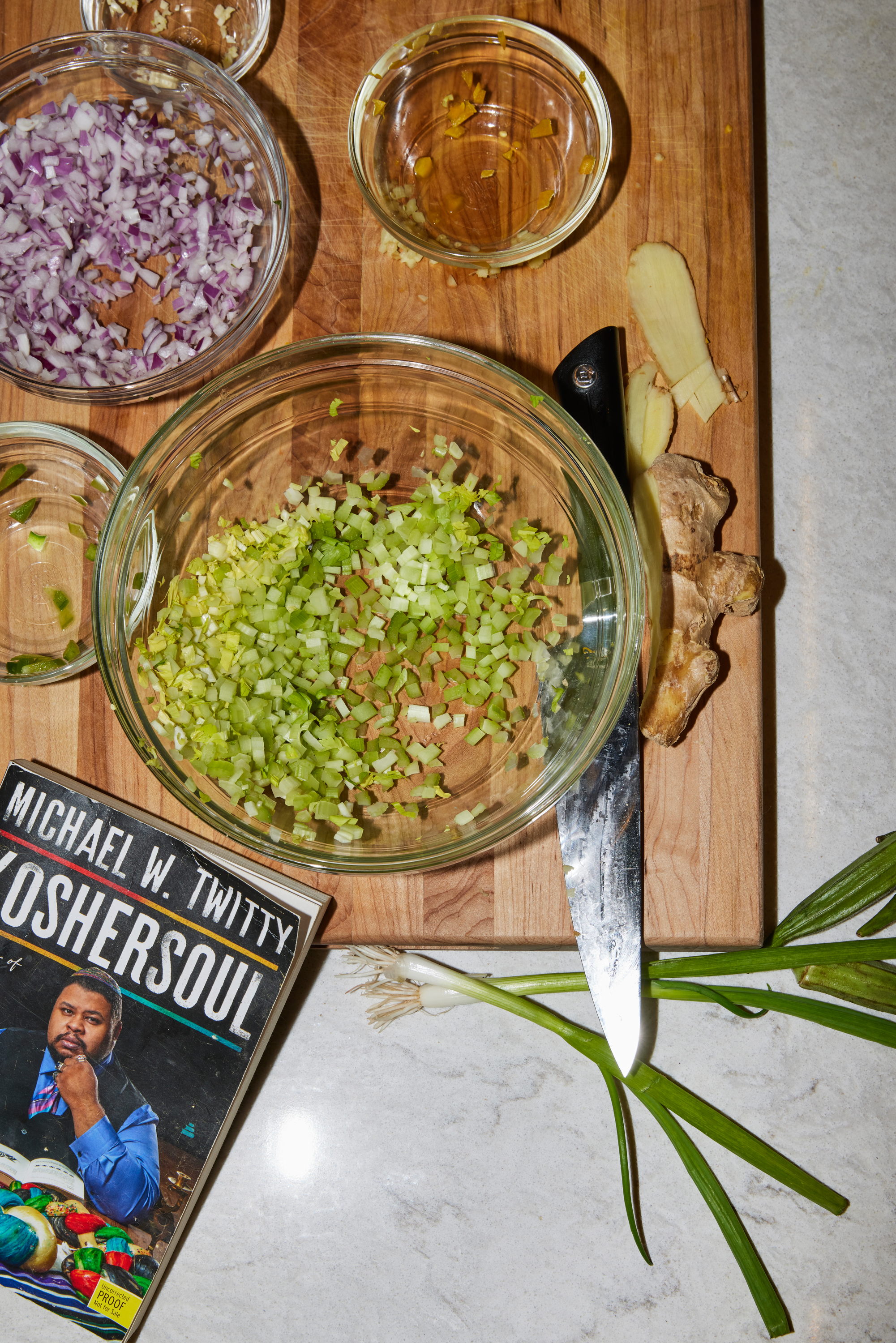 Green and red onion, ginger and garlic add aromatic, peppery notes to chef Michael Twitty's matzoh ball gumbo.