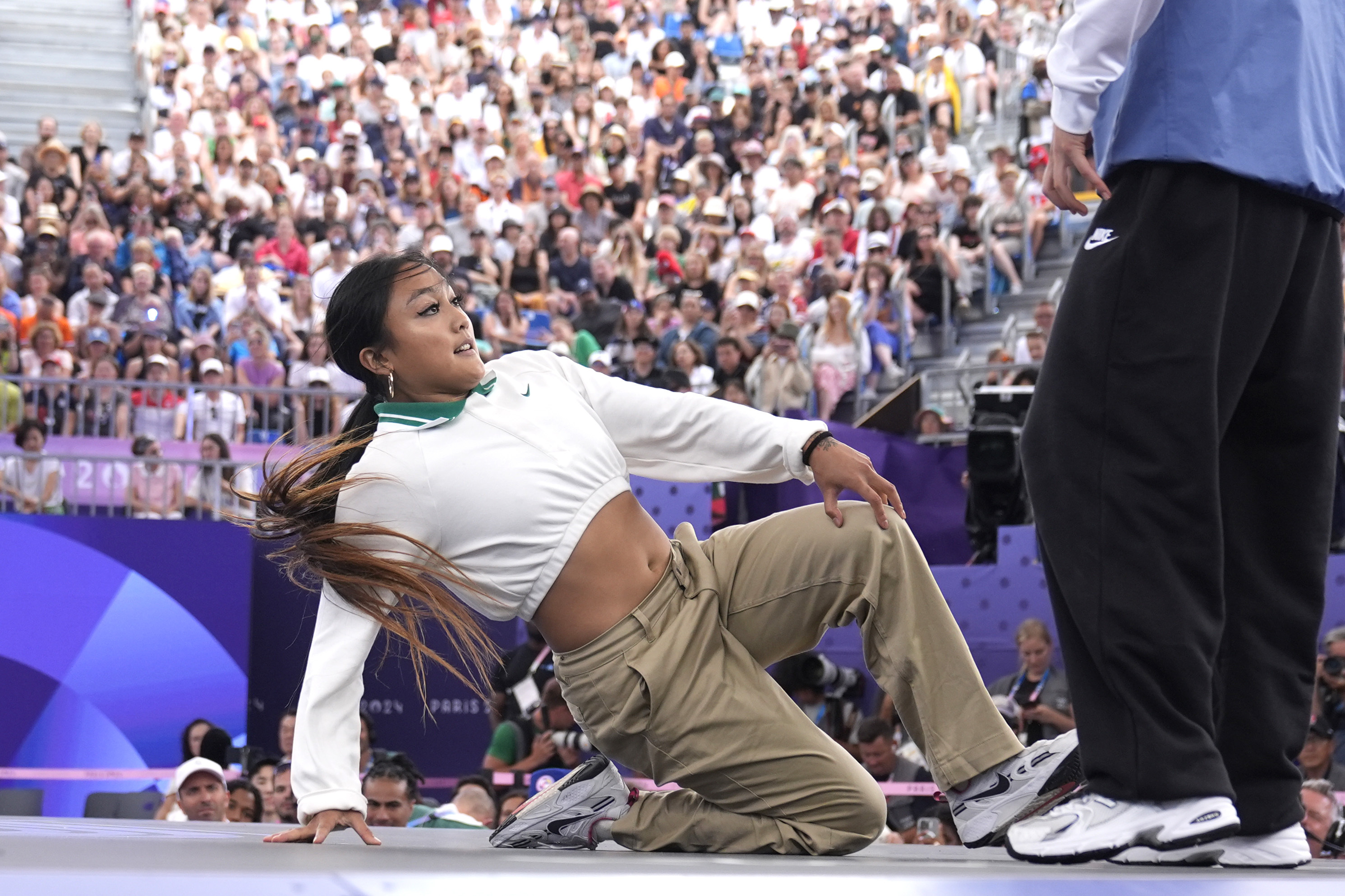 American Edra, known as B-Girl Logistx, competes during the breaking competition at the Paris Olympics