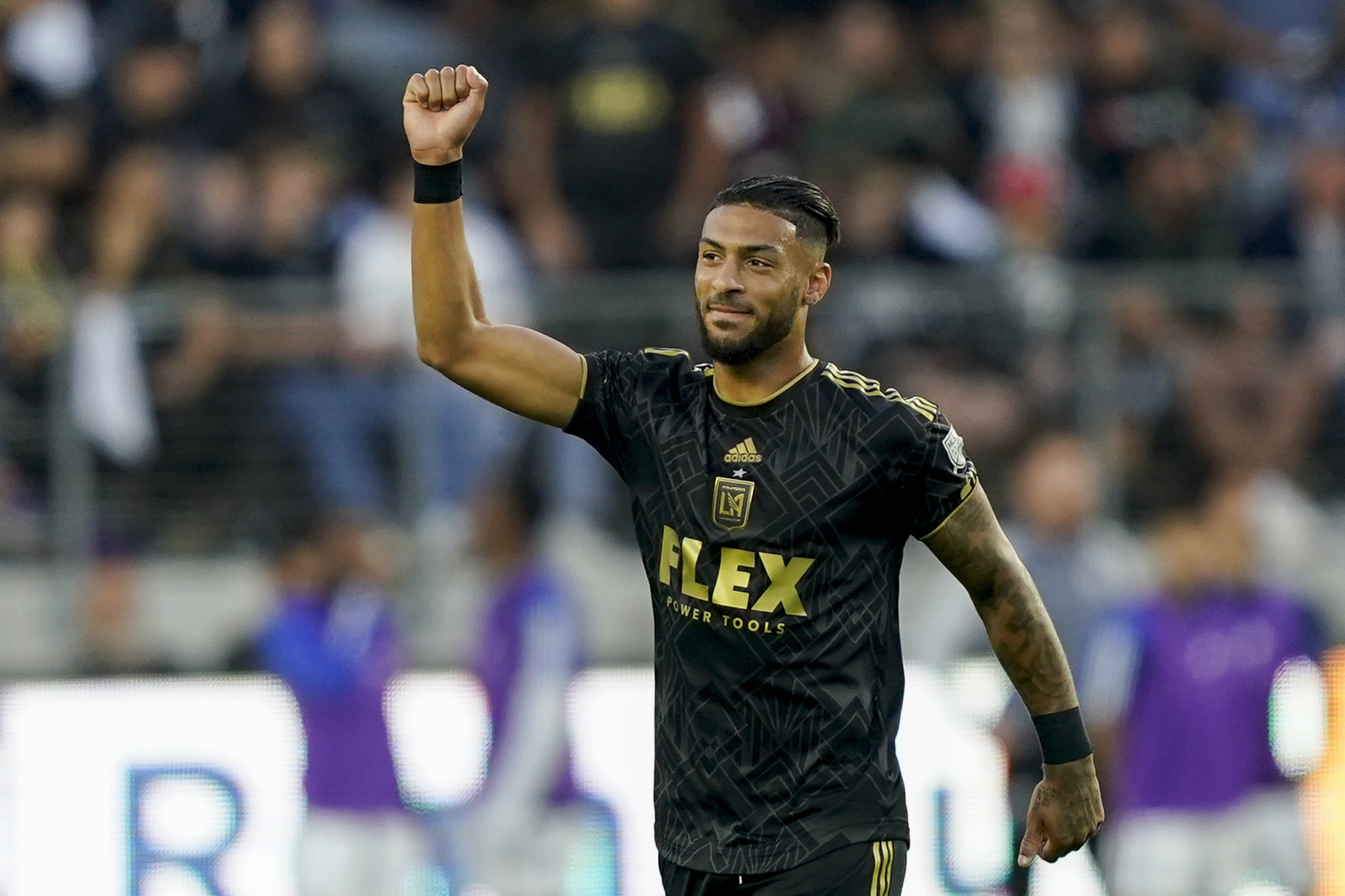 Los Angeles FC forward Denis Bouanga celebrates after scoring against the Vancouver.