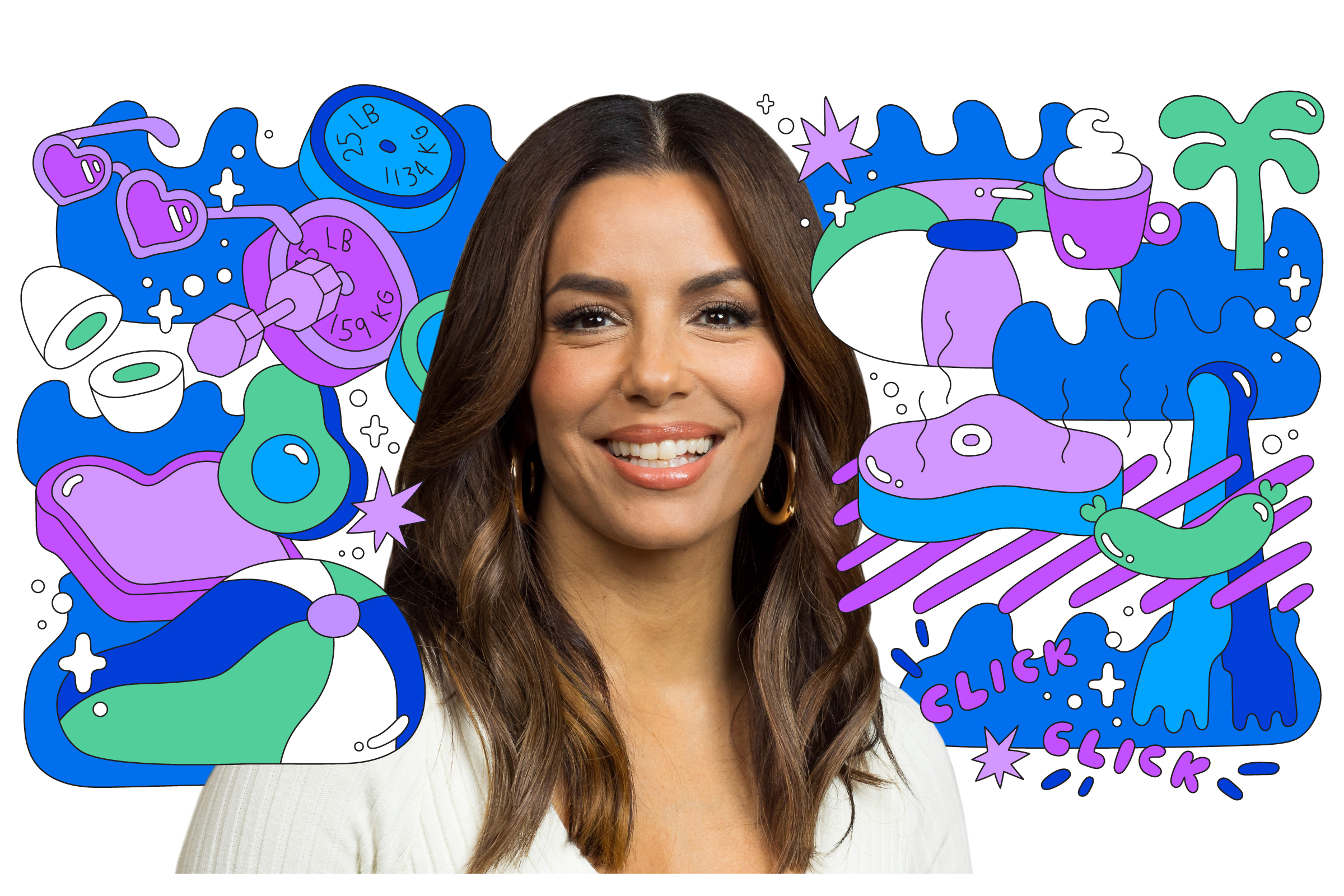 Photo illustration of Eva Longoria surrounded by illustrated elements like a sizzling steak, beach ball, sunglasses and waves