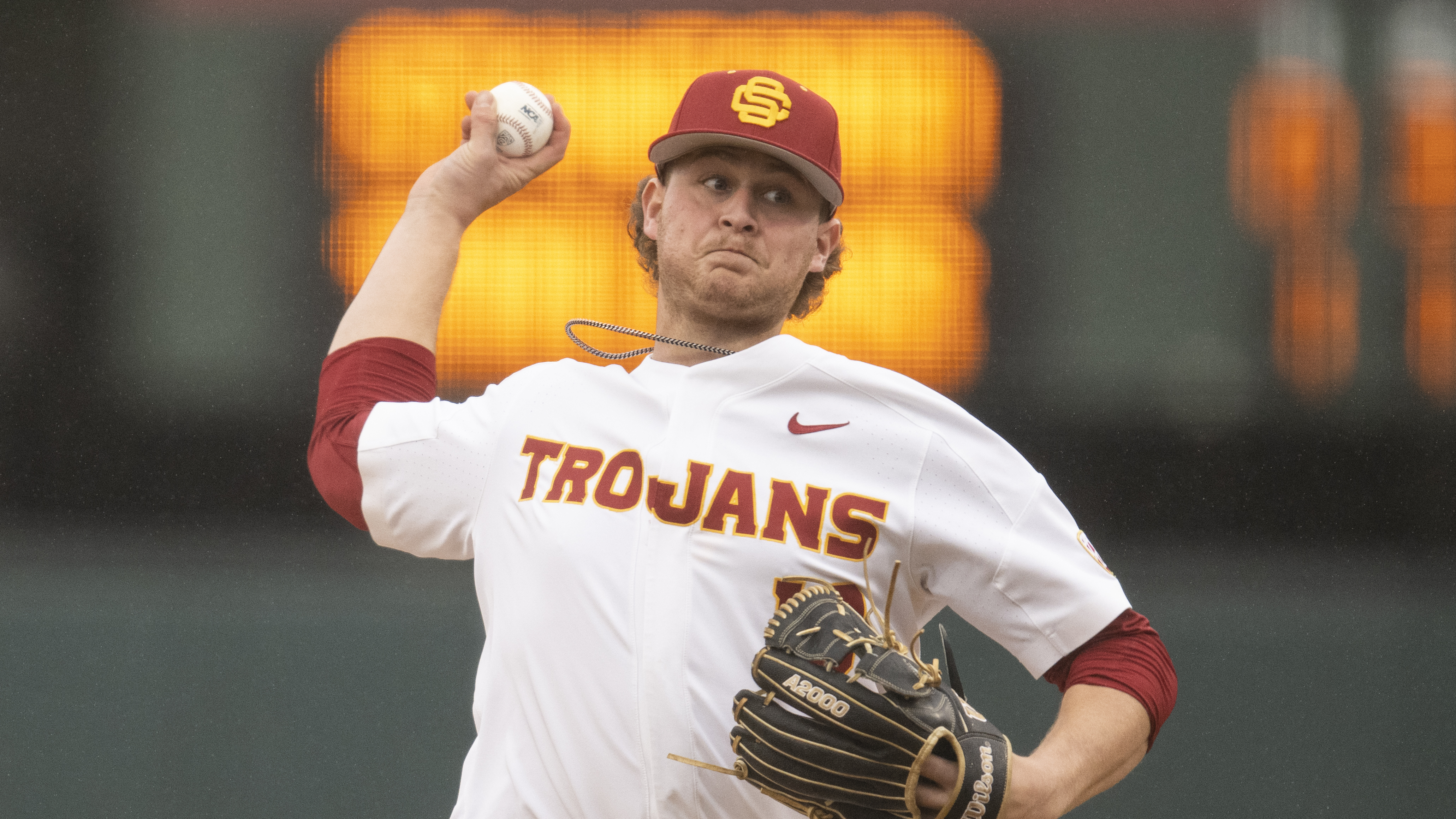 Southern California starting pitcher Josh Blum (18) throws a pitch during an NCAA baseball game.