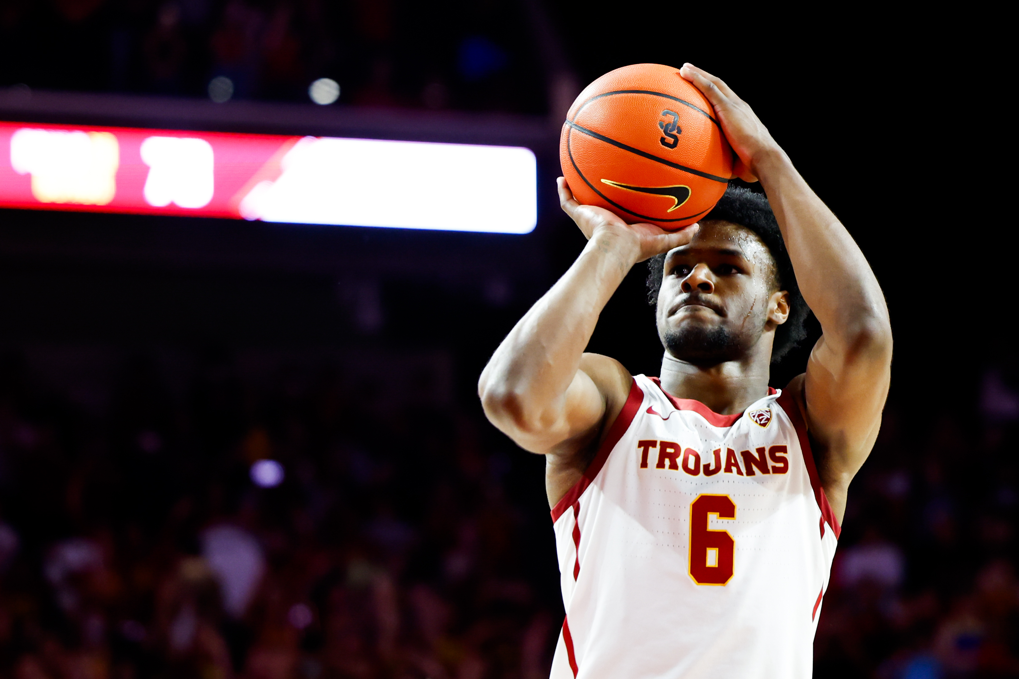 Los Angeles, CA - December 10: USC Trojans guard Bronny James (6) takes a free throw during the second half against the Long Beach State 49ers at Galen Center in Los Angeles Sunday, Dec. 10, 2023. (Jason Armond / Los Angeles Times)