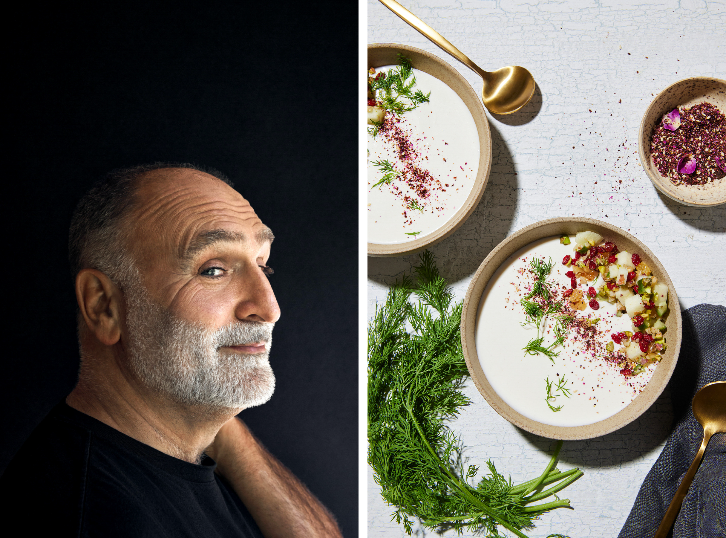 A diptych showing a portrait of Jose Andres on the left, and chilled yogurt soup on the right.