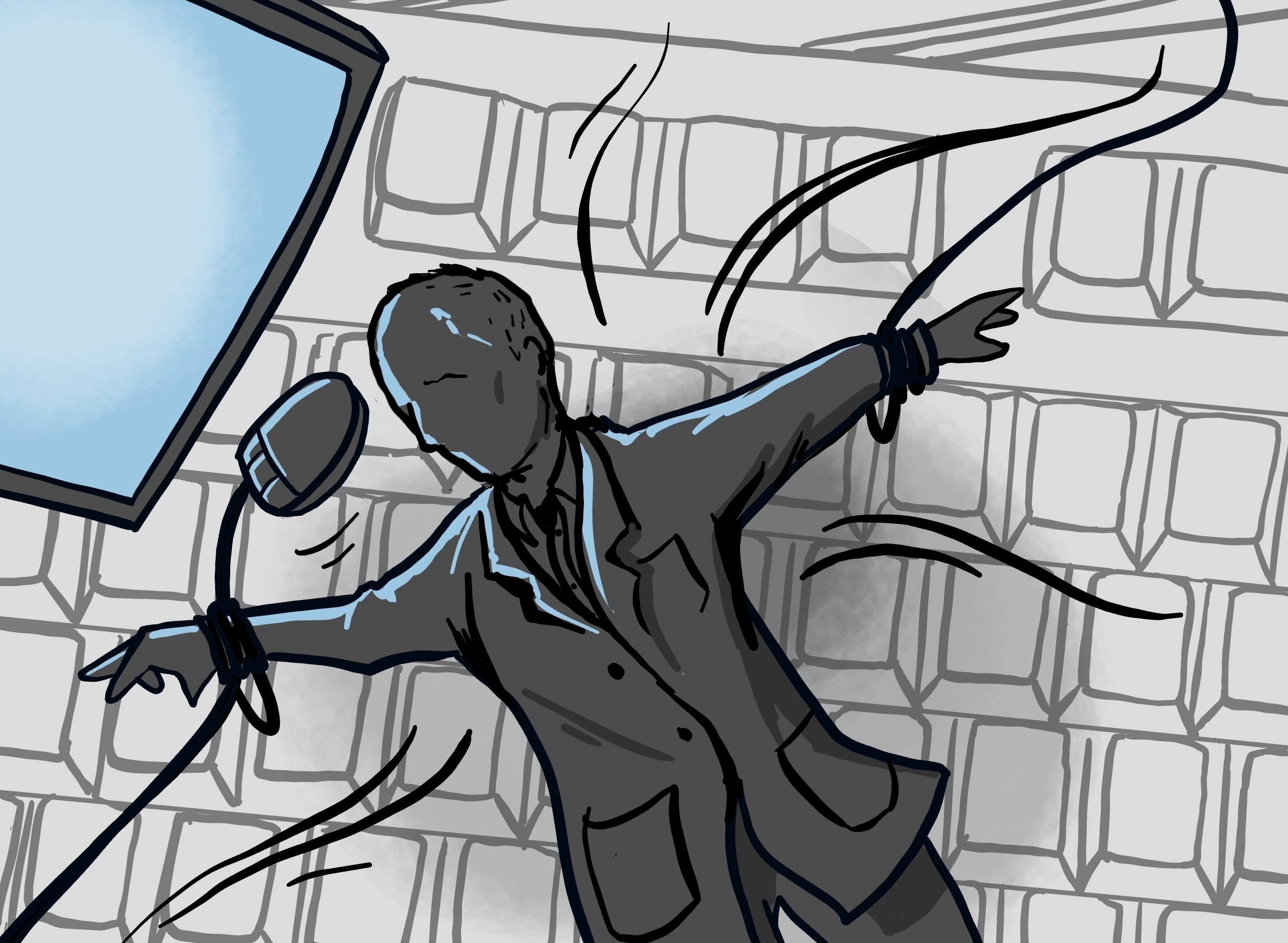 illustration of a doctor figure tangled in wires over a keyboard