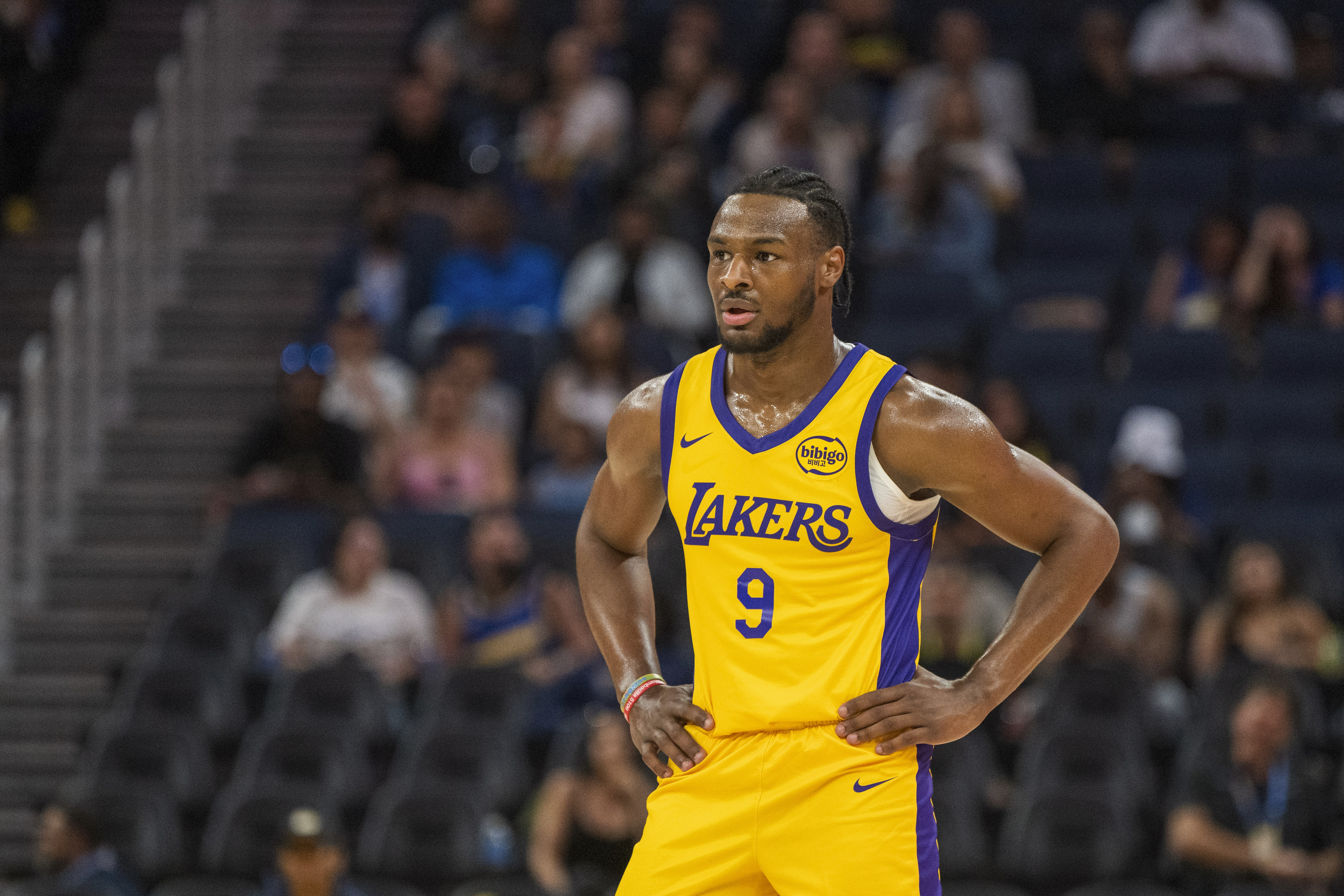 Los Angeles Lakers guard Bronny James (9) waits during a break during the first half of an NBA summer league basketball game against the Sacramento Kings in San Francisco , Saturday, July 6, 2024. (AP Photo/Nic Coury)