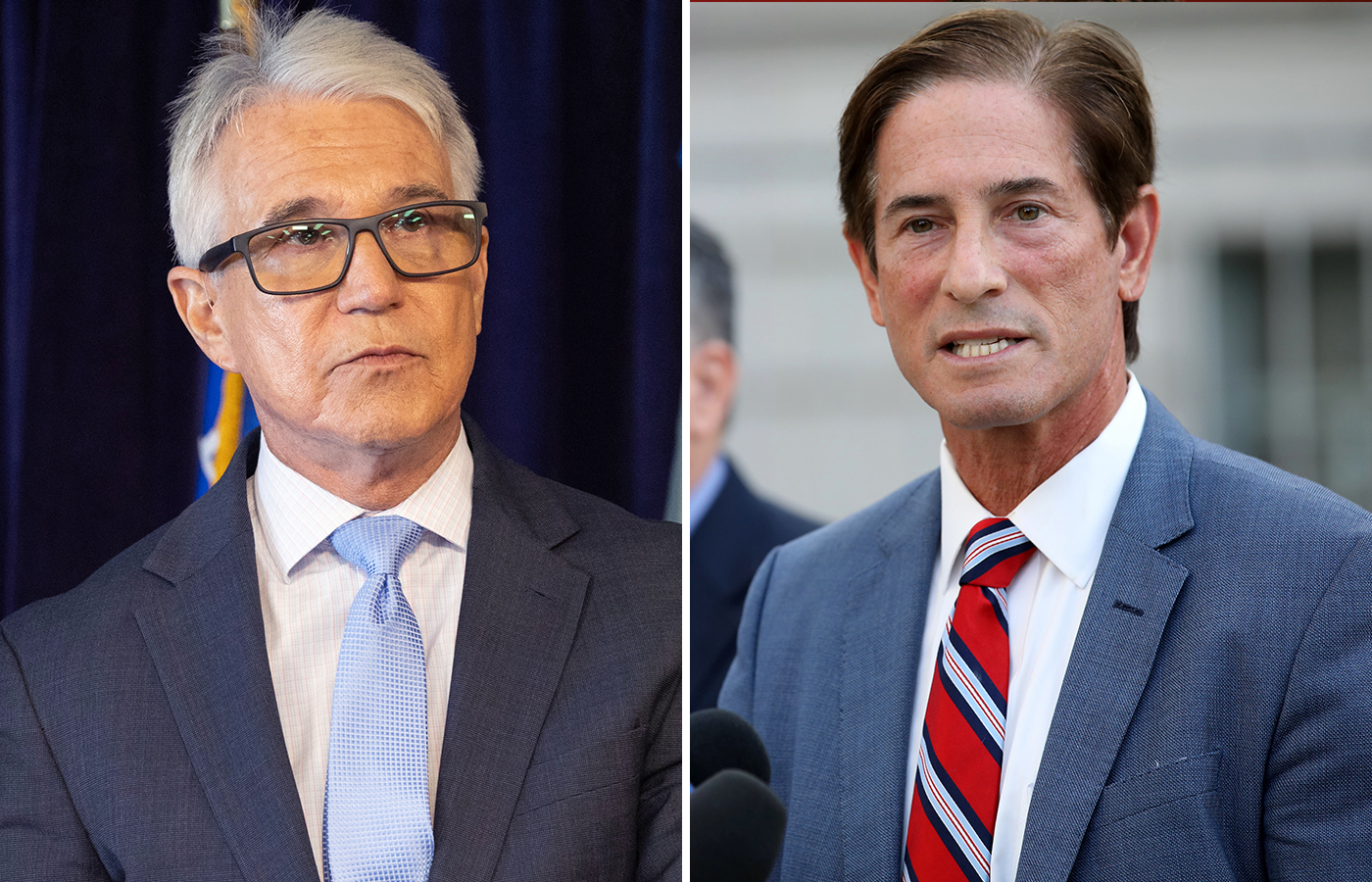 LEFT: Los Angeles County District Attorney George Gascon, was among civic and law enforcement leaders who announced a collaborative effort underway to combat human trafficking and sexual exploitation of children on the Figueroa Corridor in South Los Angeles during a press conference in Los Angeles, CA on Wednesday, Sept. 4, 2024. (Myung J. Chun / Los Angeles Times) RIGHT: LOS ANGELES, CA - OCTOBER 20: Nathan Hochman, right, candidate for state attorney general, and Los Angeles County Sheriff Alex Villanueva, left, host a news conference on the steps of Los Angeles City Hall on Thursday, Oct. 20, 2022 in Los Angeles, CA. They discuss the racist remarks made by (L.A. City Councilman) Kevin de Leon and his association with and investigation by Rob Bonta,'' the incumbent attorney general who is running against Hochman. (Gary Coronado / Los Angeles Times)