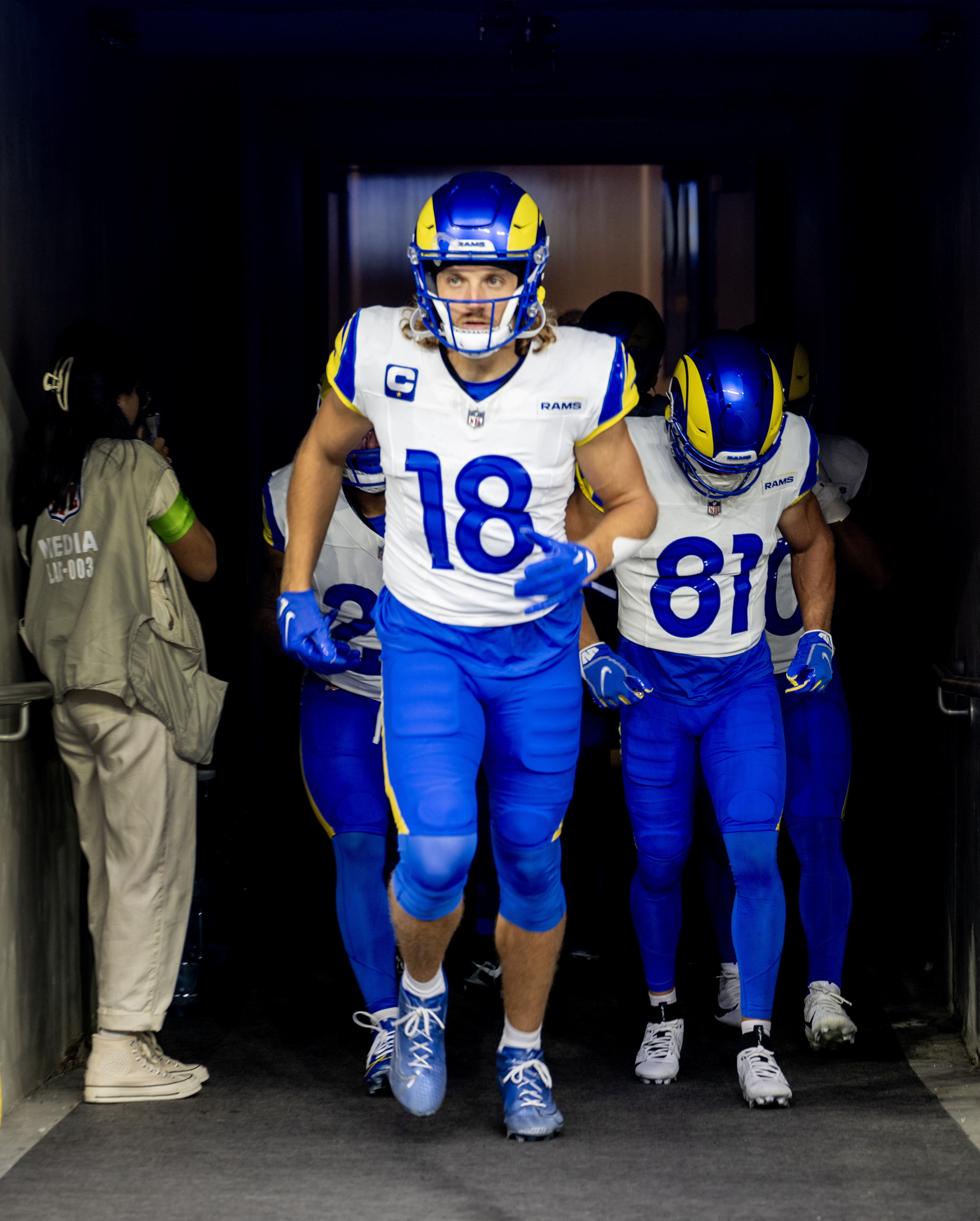 Rams wide receiver Ben Skowronek runs on to the field before a game against the San Francisco 49ers.