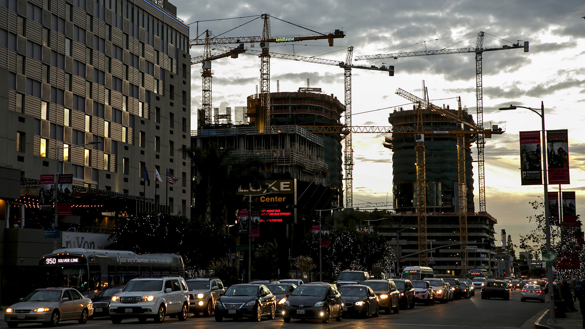 Oceanwide Plaza and Circa, both along Figueroa Street, are shown under construction in Los Angeles in December 2016.