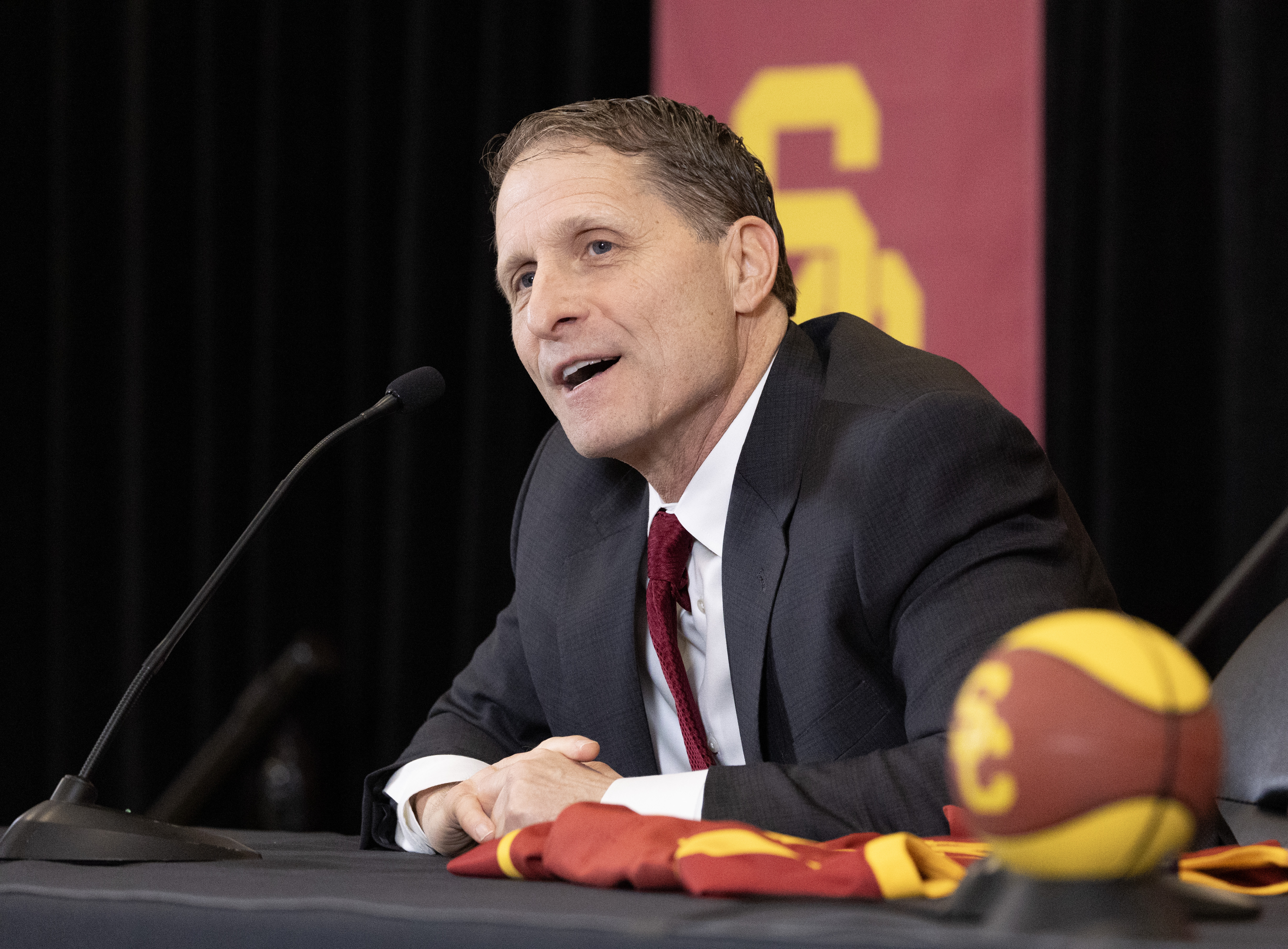 USC men's basketball coach Eric Musselman speaks during his introductory news conference in April.