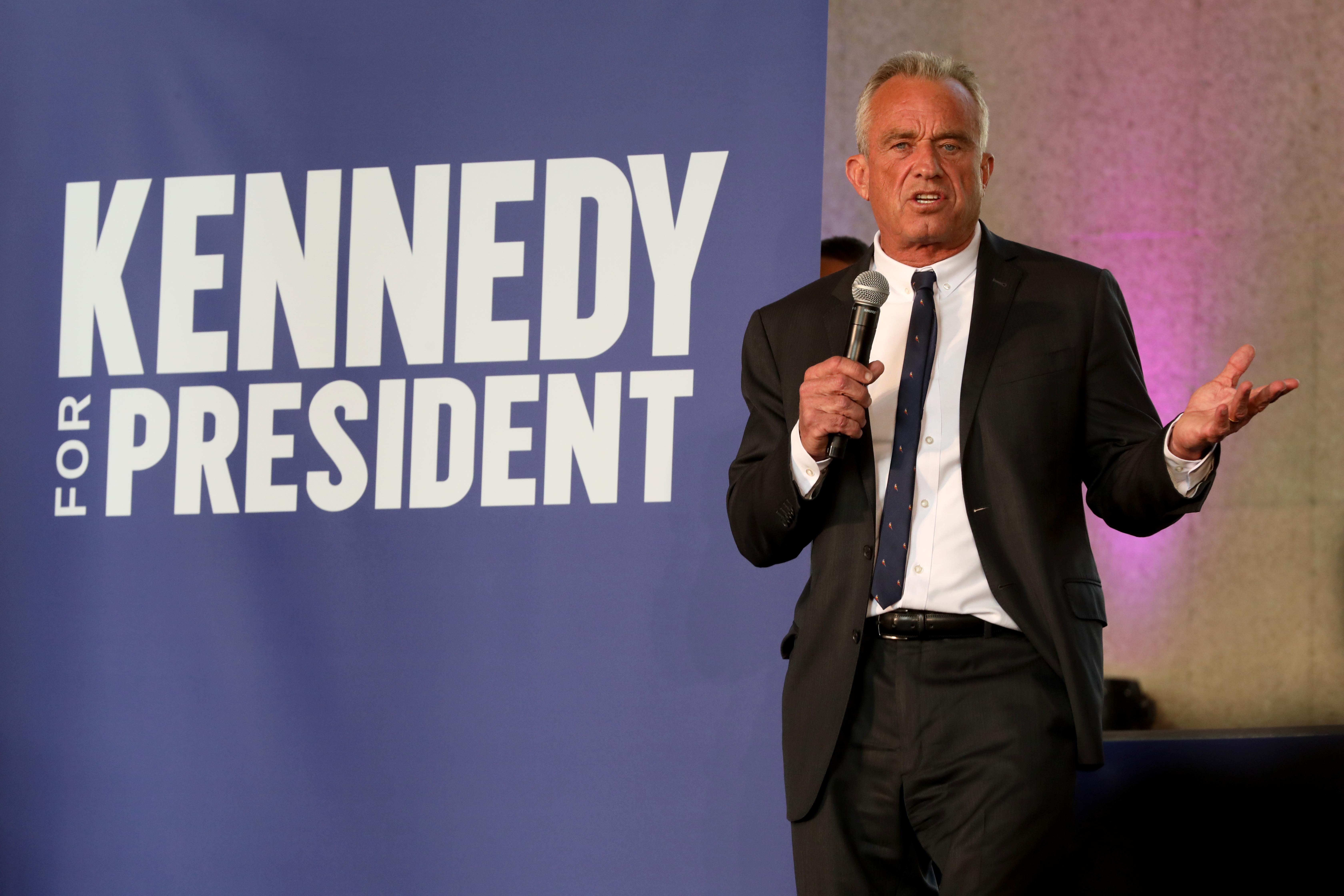 LOS ANGELES, CA - MARCH 30, 2024 - - Independent Presidential Candidate Robert F. Kennedy, Jr. speaks to supporters while hosting Cesar Chavez Day at the iconic Old Ticket Concourse at Union Station in Los Angeles on March 30, 2024. This event, on Chavez's birthday holiday weekend, included remarks by Robert F. Kennedy, Jr., music by the all-female mariachi group Las Colibri and remarks from Bishop Juan Carlos Mendez. Kennedy Jr. has used Cesar Chavez's name and image in his campaign for president, eliciting outrage from Chavez family members. (Genaro Molina/Los Angeles Times)