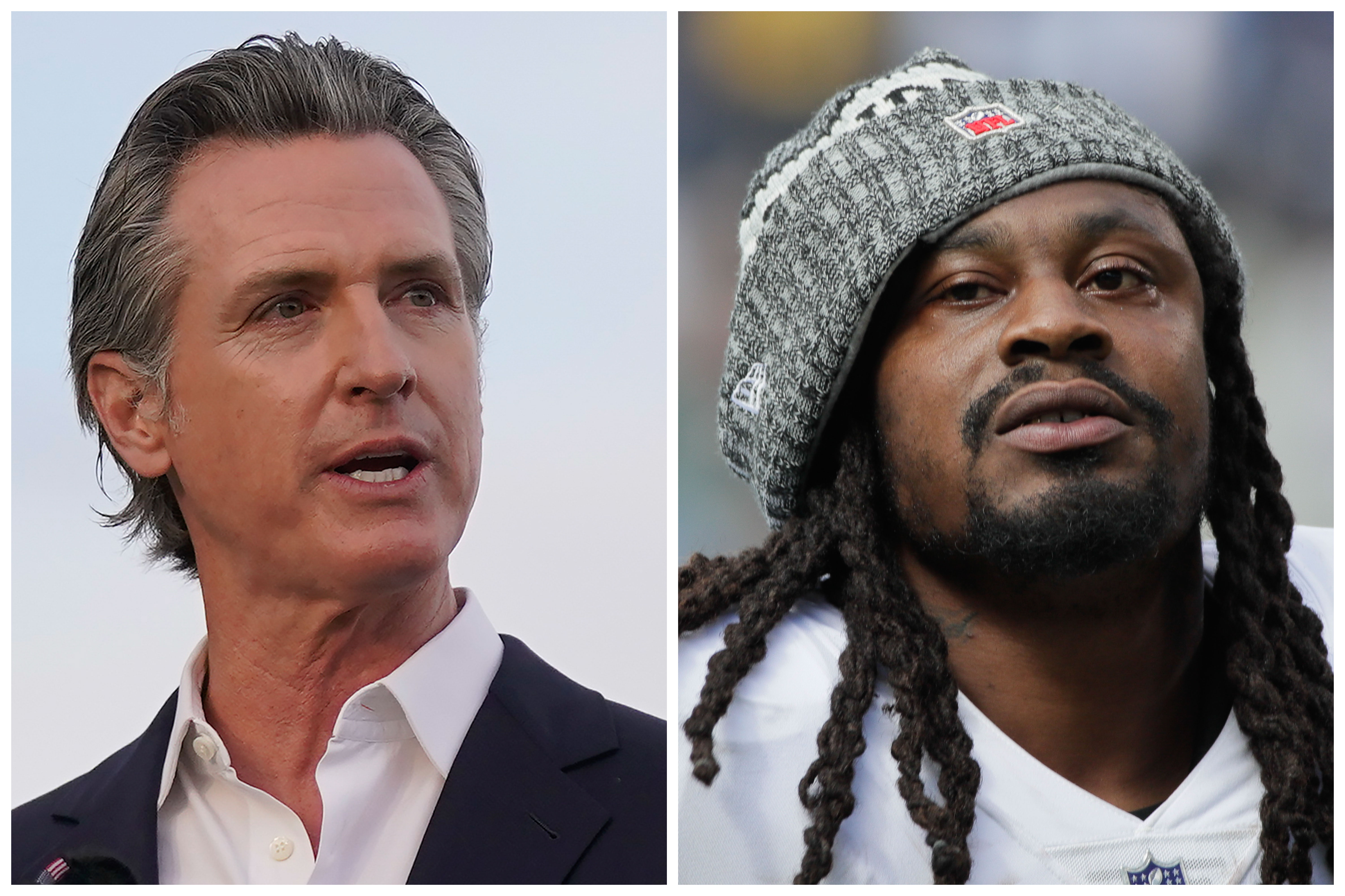Left, California Gov. Gavin Newsom speaks during an event in San Francisco on Nov. 9, 2023. Oakland Raiders running back Marshawn Lynch leaves the field after the first half of an NFL football game against the Los Angeles Chargers Sunday, Oct. 7, 2018, in Carson, Calif. (AP Photo/Jeff Chiu, AP Photo/Jae C. Hong)