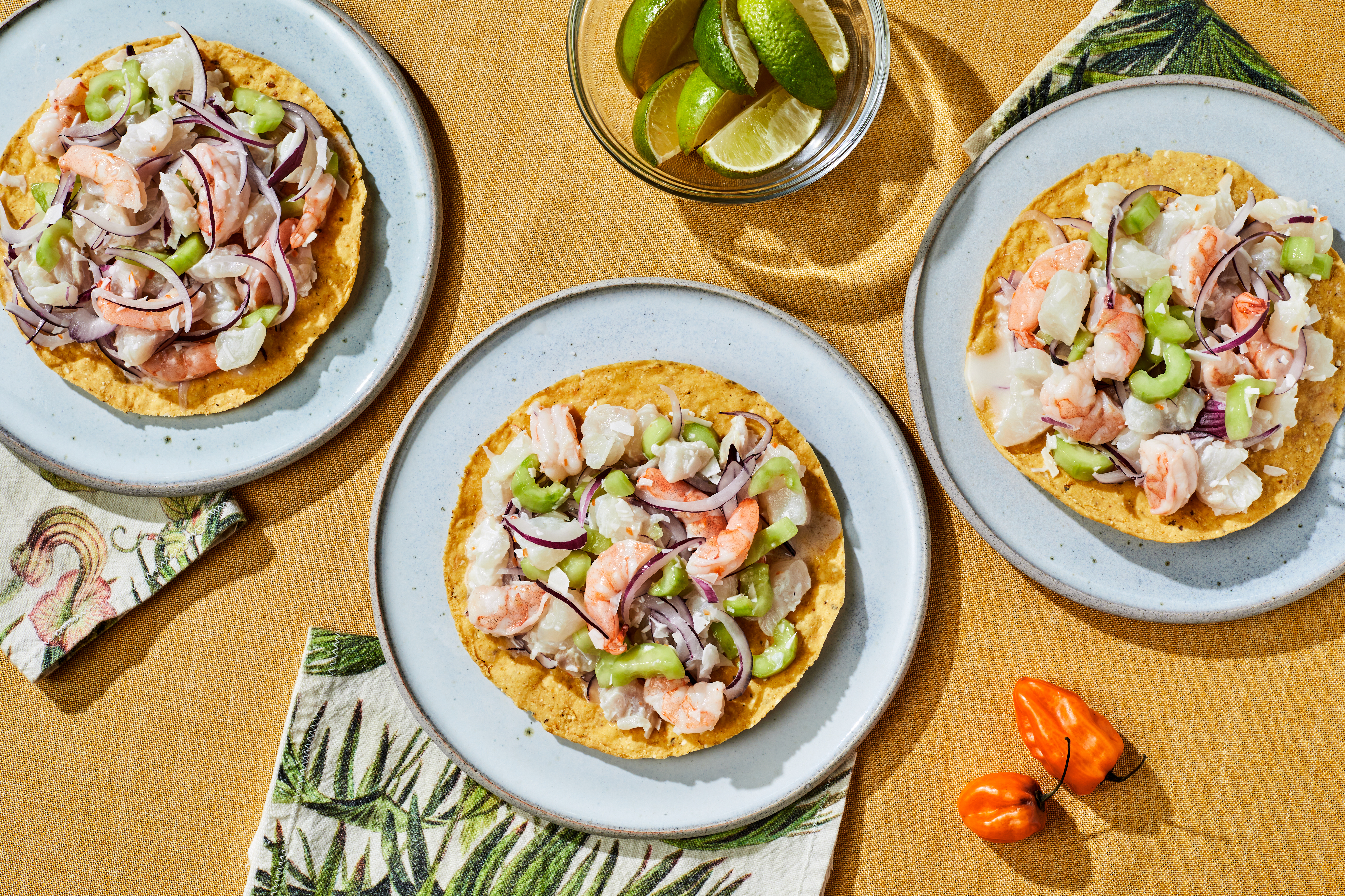 EL SEGUNDO , CA - SEPTEMBER 21: Coconut-Habanero Fish Ceviche with Poached Shrimp shot in the LA Times test kitchen on Thursday, Sept. 21, 2023 in El Segundo, CA. (Katrina Frederick / For The Times)