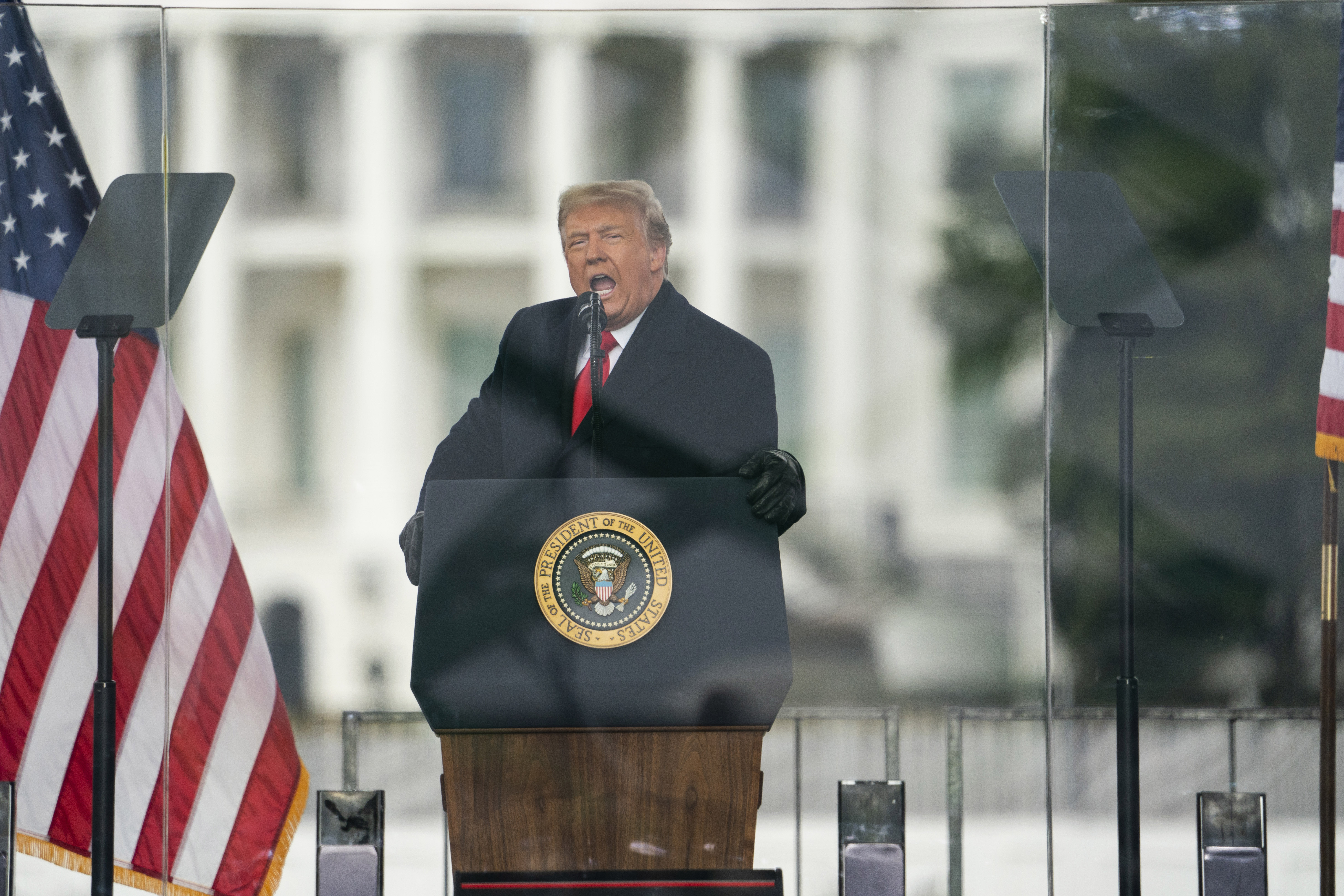 President Donald Trump speaks during a rally protesting the electoral college certification of Joe Biden as President, Wednesday, Jan. 6, 2021, in Washington. Trump enters the last days of his presidency facing a second impeachment and growing calls for his resignation after his supporters launched an assault on the nation’s Capitol in an effort to disrupt the peaceful transfer of power. Yet Trump will try to go on offense in his last 10 days, with no plans of resigning. Instead, Trump is planning to lash out against the companies that have now denied him his Twitter and Facebook bullhorns. And aides hope he will spend his last days trying to trumpet his policy accomplishments, beginning with a trip to Alamo, Texas Tuesday, Jan. 12, 2021. (AP Photo/Evan Vucci)