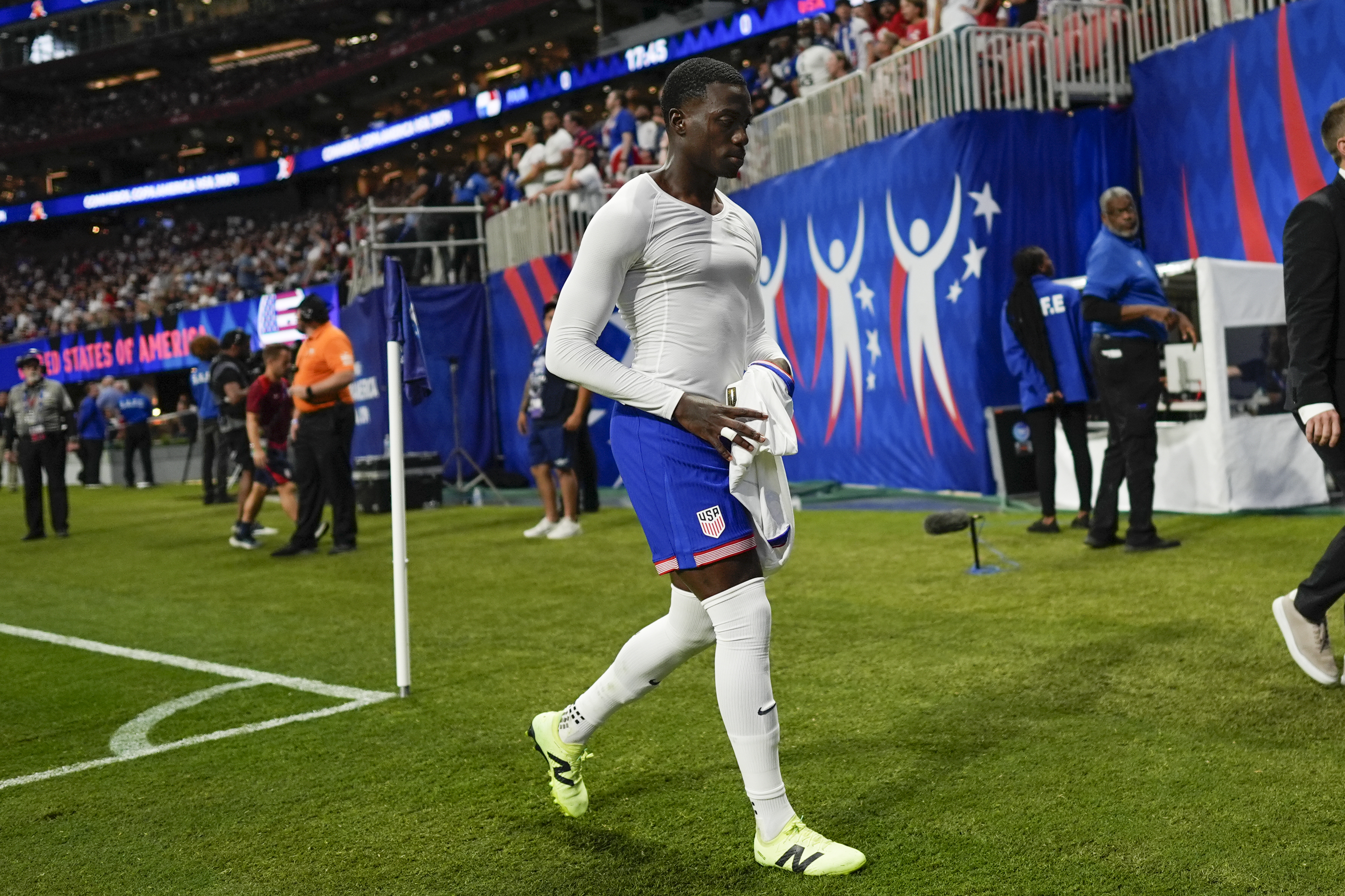 Tim Weah of the United States leaves the field after receiving a red card during a Copa America.