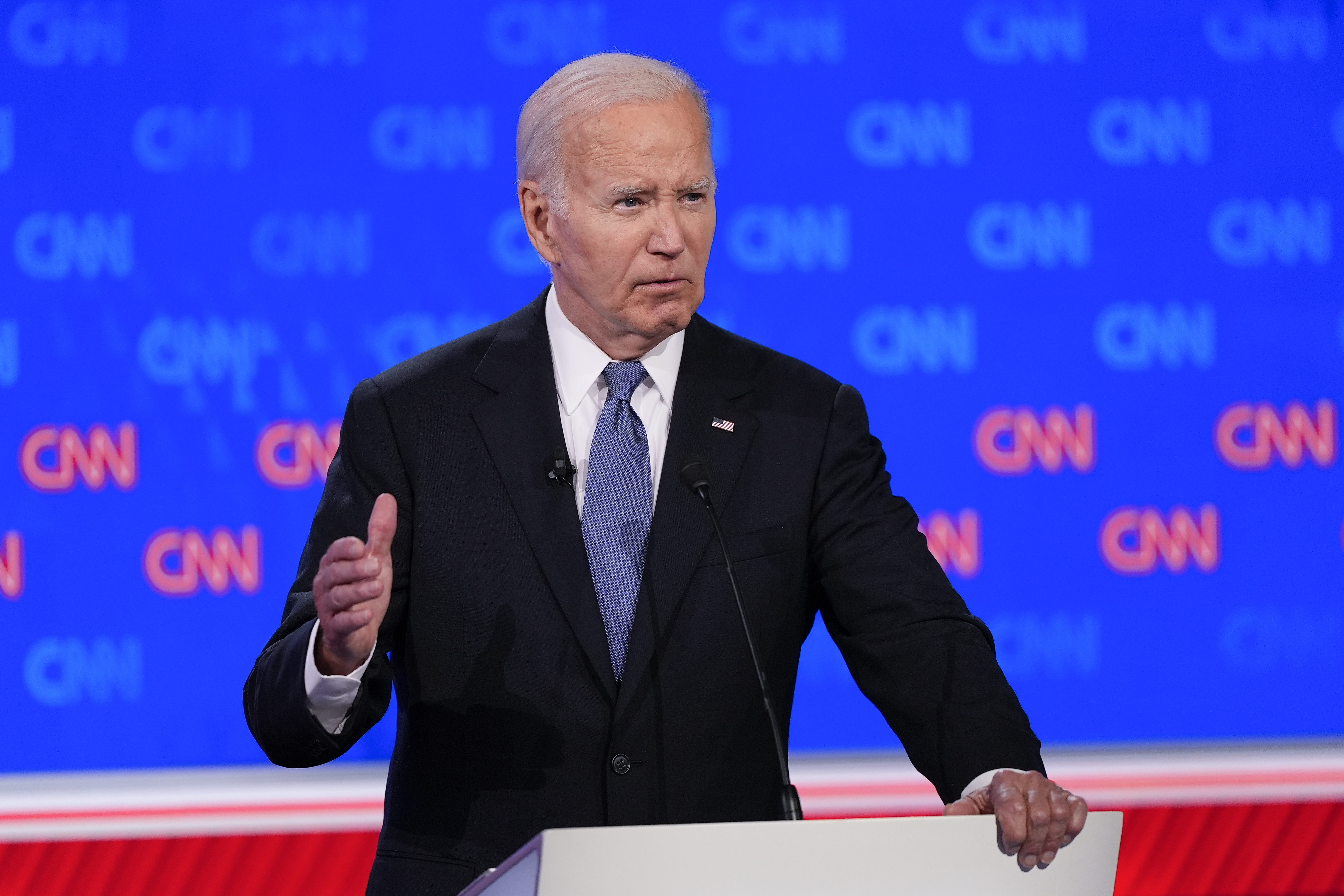 President Joe Biden speaks during a presidential debate with Republican presidential candidate former President Donald Trump, Thursday, June 27, 2024, in Atlanta. (AP Photo/Gerald Herbert)