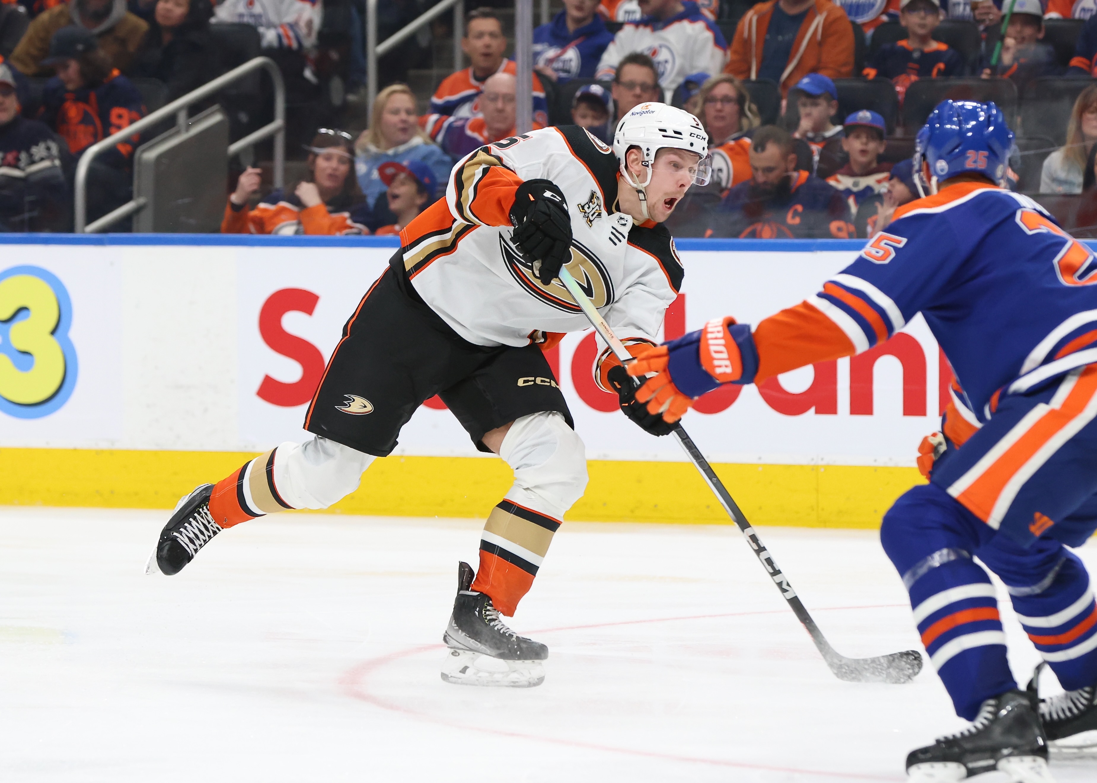 EDMONTON, CANADA - MARCH 30: Urho Vaakanainen #5 of the Anaheim Ducks shoots.