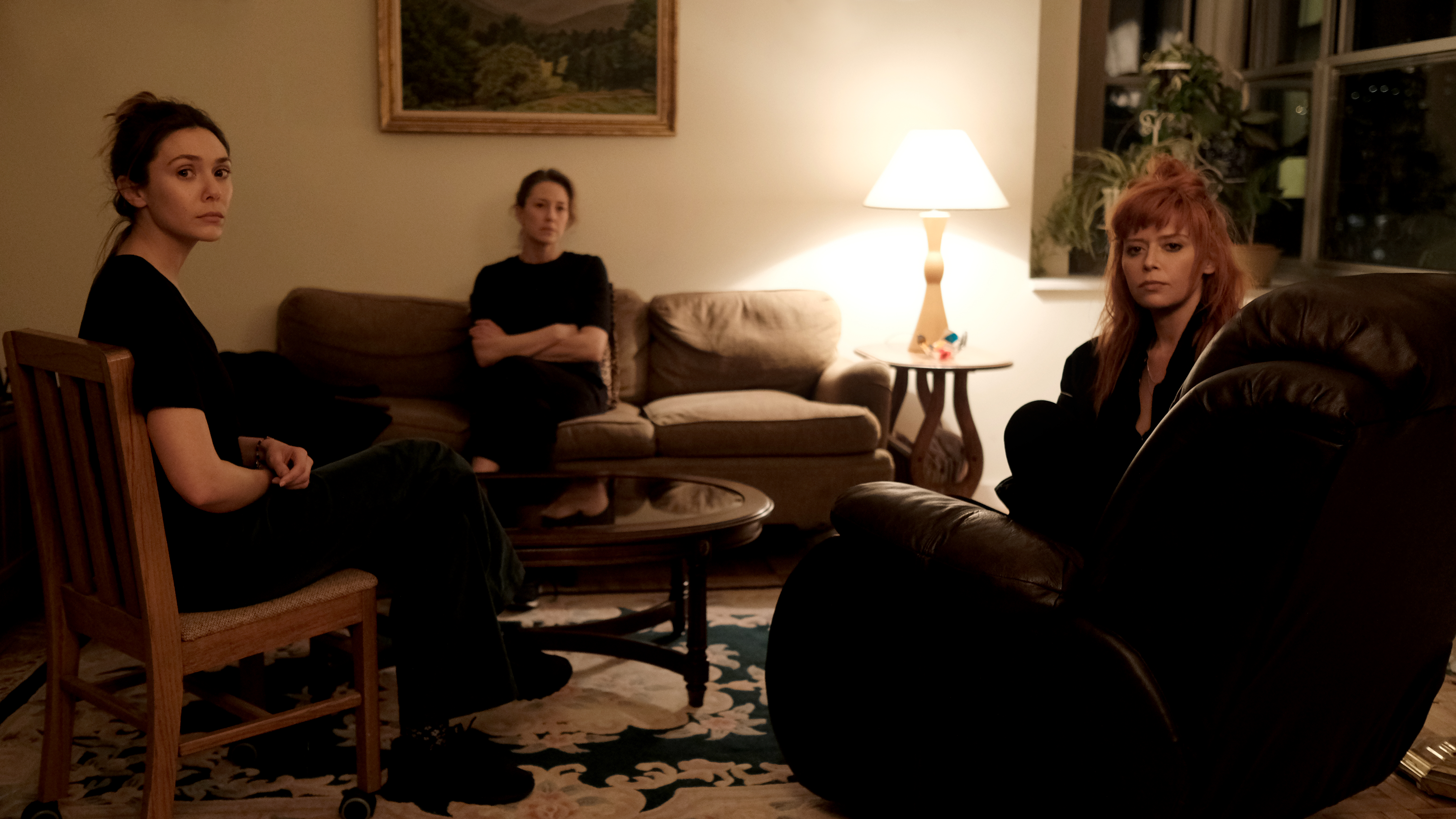 (L-R) Elizabeth Olsen as Christina, Carrie Coon as Katie and Natasha Lyonne as Rachel in 'His Three Daughters.'