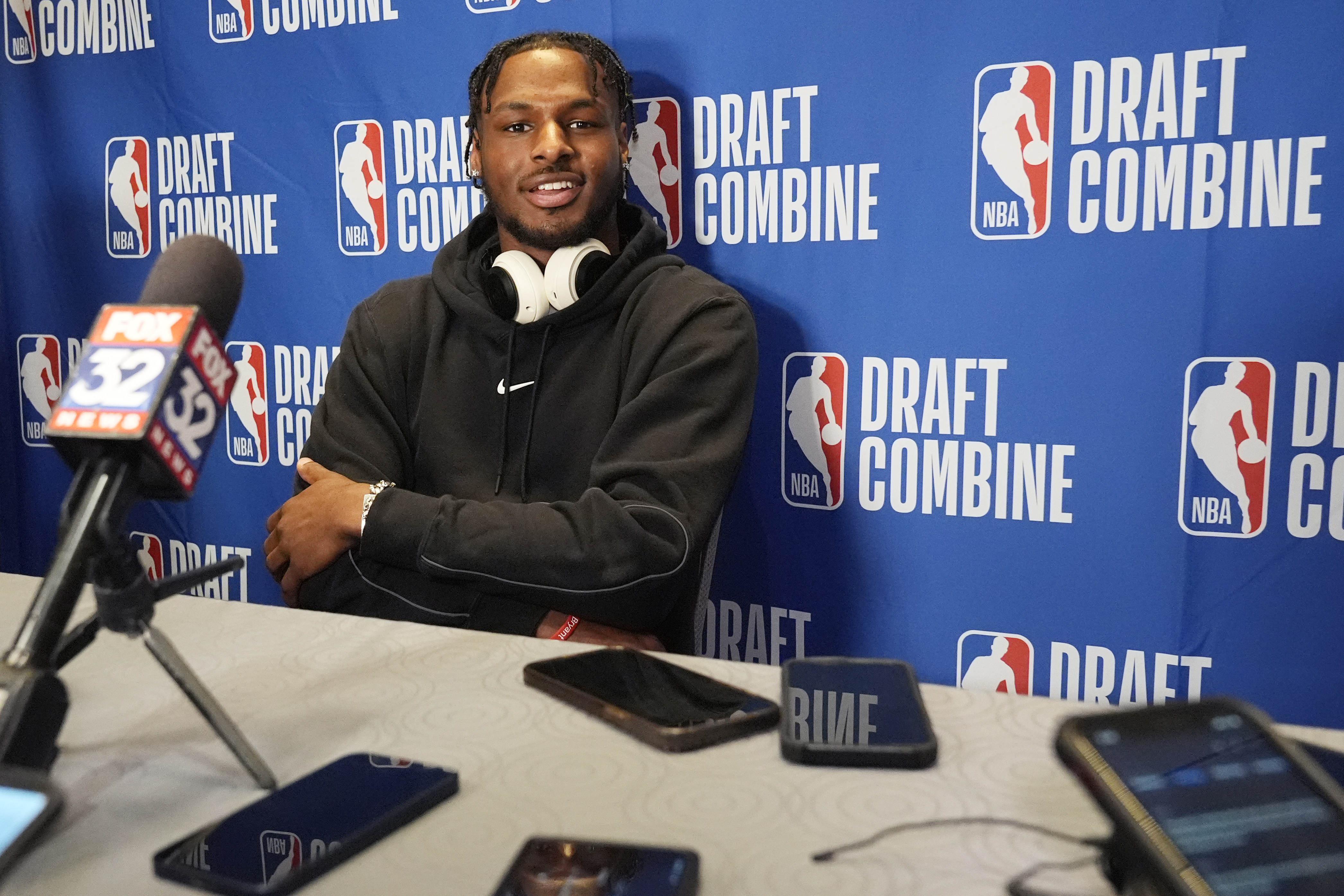 Bronny James talks to media during the 2024 NBA draft combine in Chicago on May 14