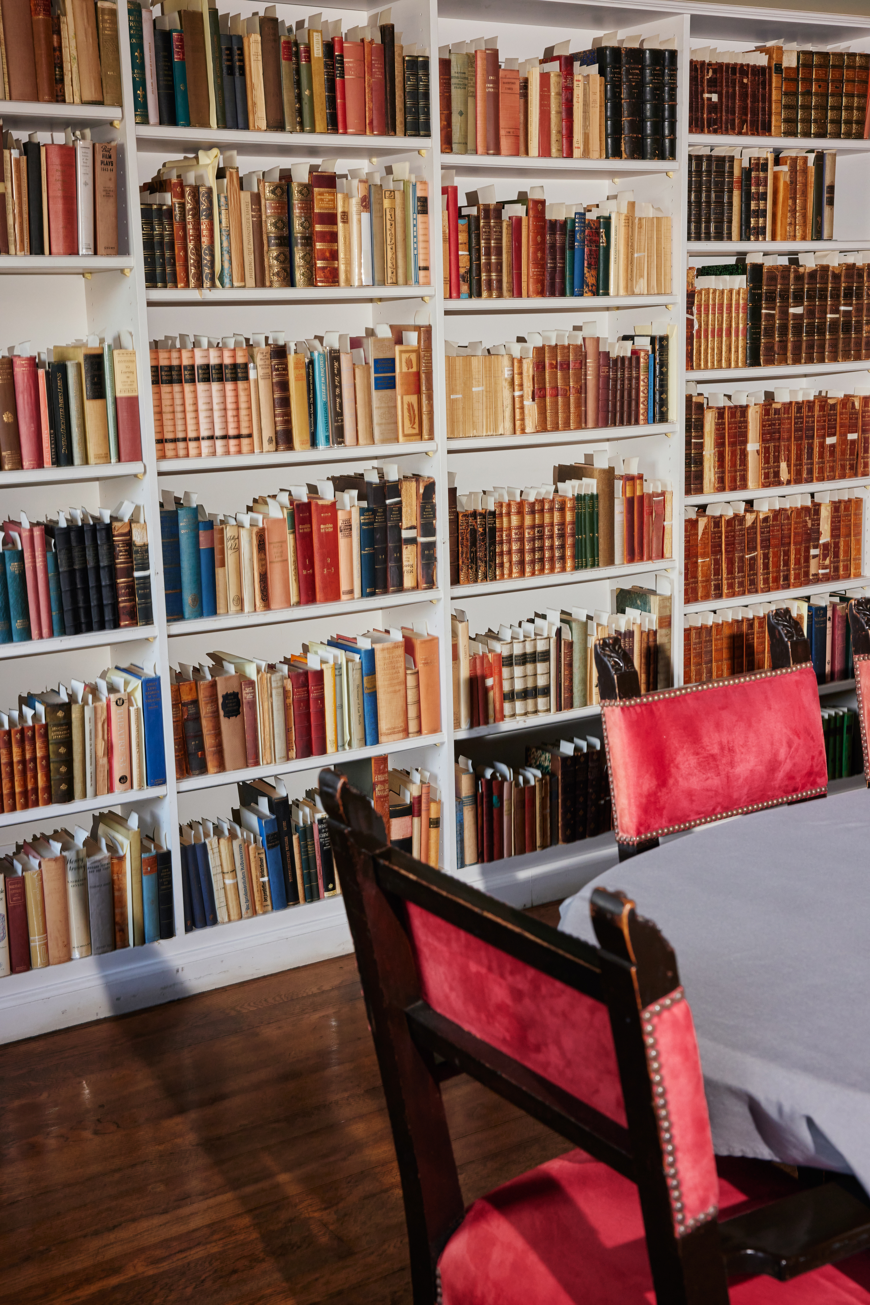 Shelves filled with books at Villa Aurora in Pacific Palisades.