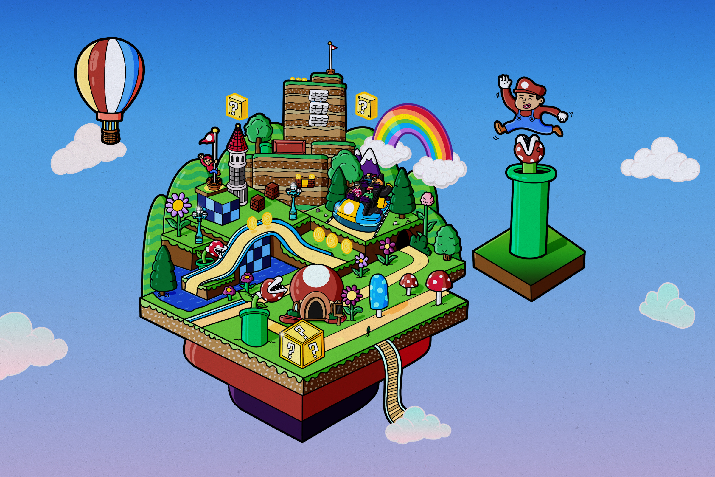 Closeup of illustration of Super Nintendo World at Universal Studios Hollywood for promo on best theme park rides in SoCal