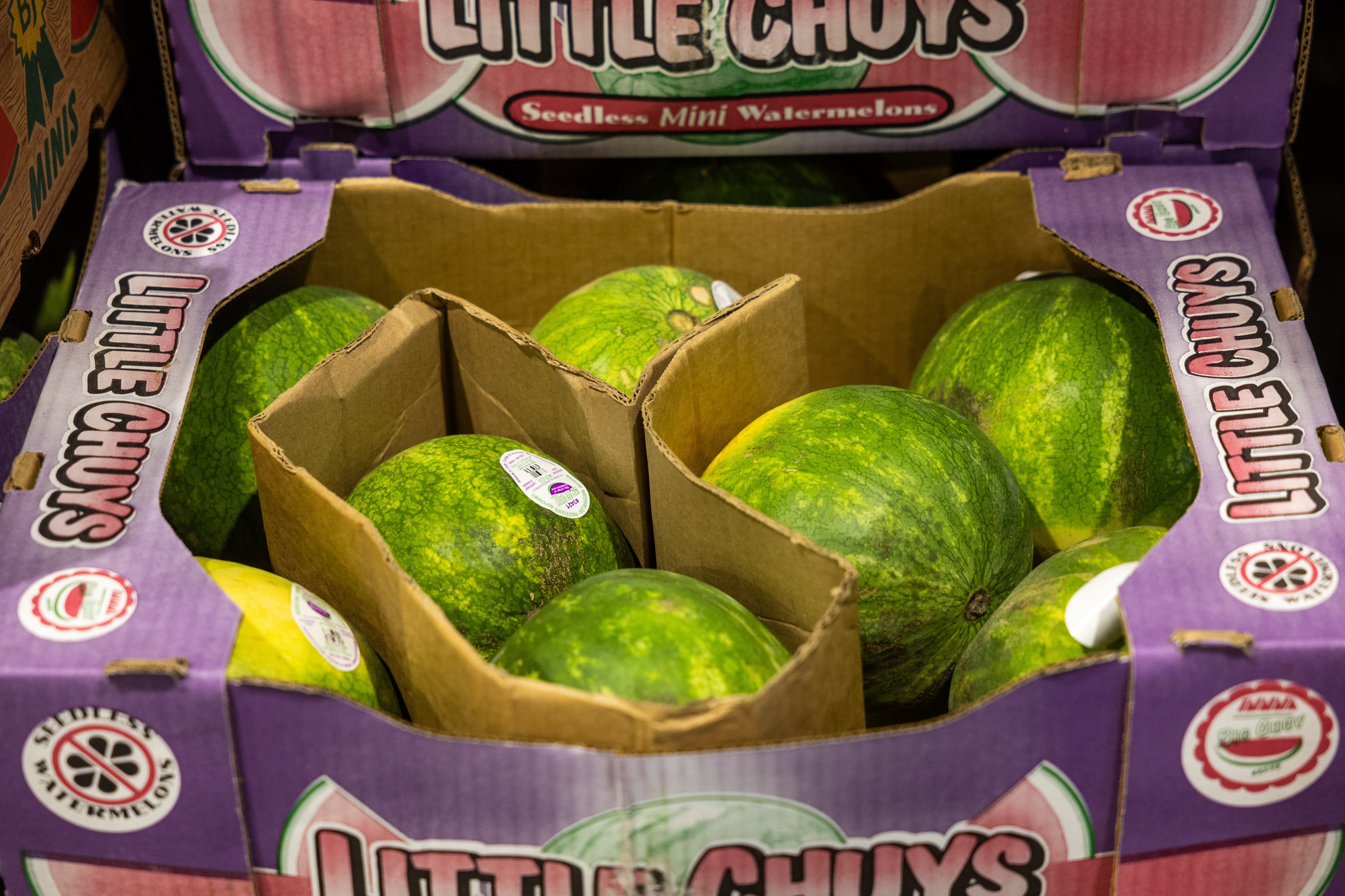 A crate of mini watermelons from Little Chuys