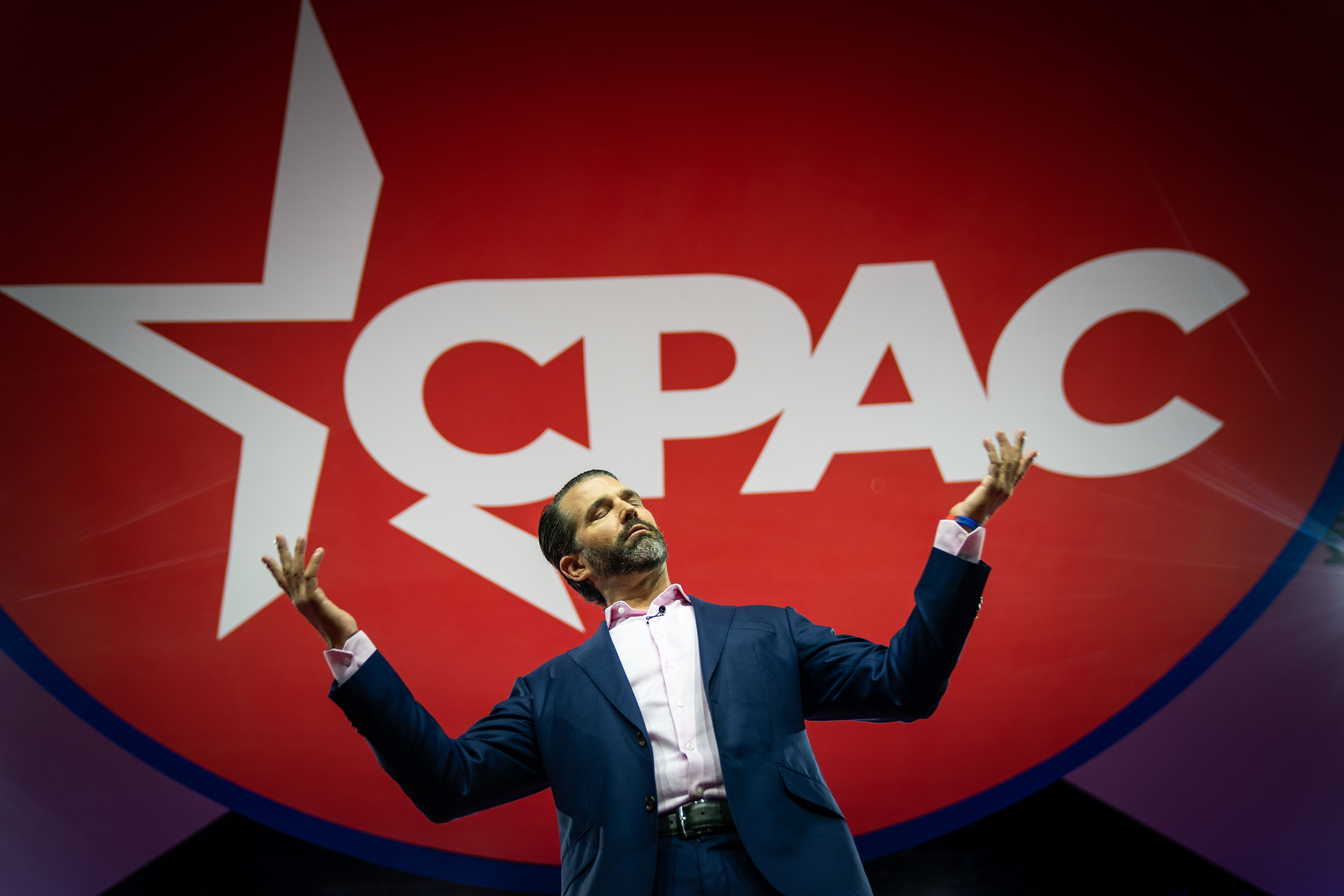 NATIONAL HARBOR, MD - MARCH 03: Donald Trump Jr., speaks on stage during the 2023 Conservative Political Action Conference at Gaylord National Resort & Convention Center on Friday, March 3, 2023 in National Harbor, MD. The annual conservative conference will feature former President Donald Trump addressing the event on Saturday. (Kent Nishimura / Los Angeles Times)