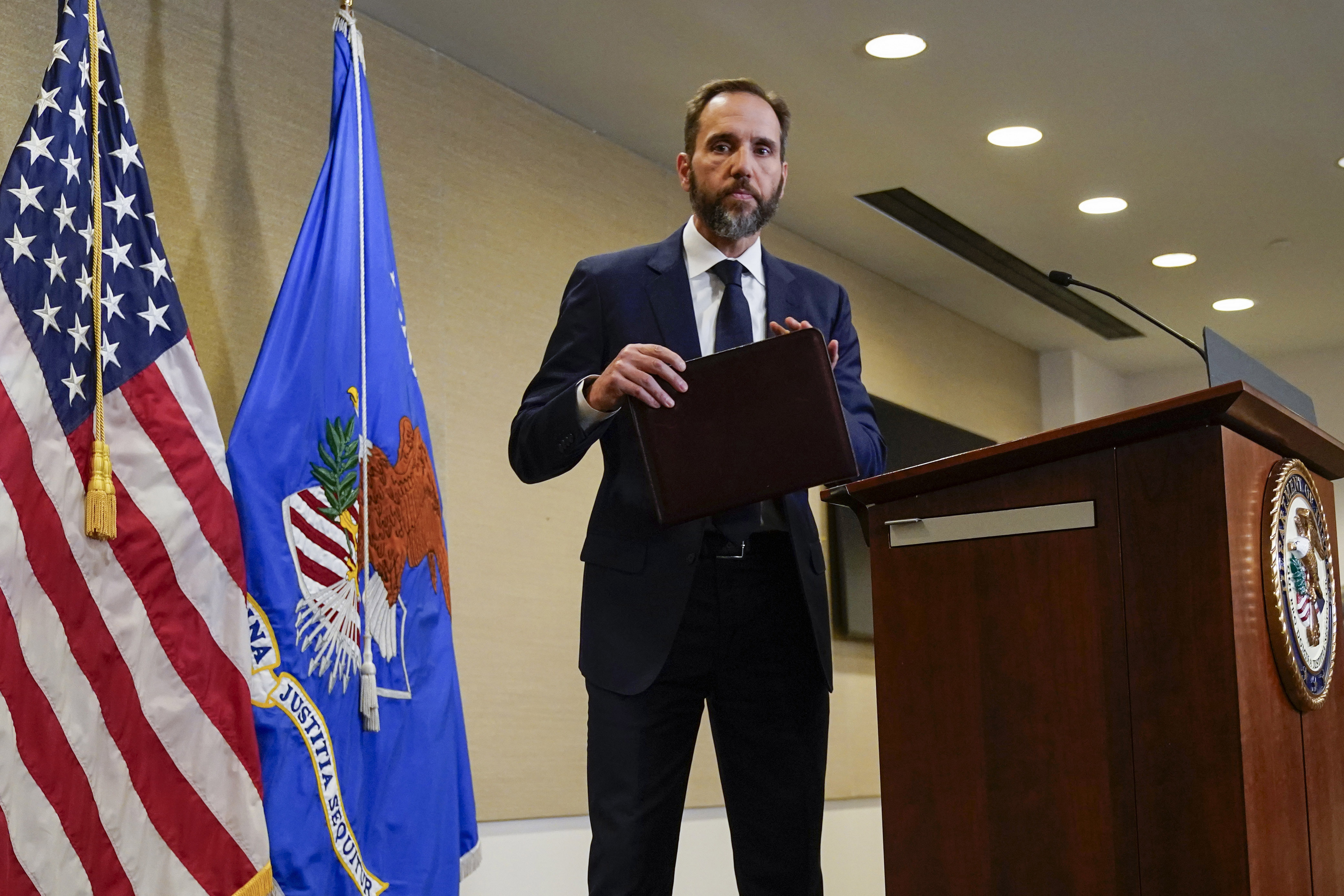 Special counsel Jack Smith turns from the podium after speaking about an indictment of former President Donald Trump, Tuesday, Aug. 1, 2023, at a Department of Justice office in Washington. (AP Photo/Jacquelyn Martin)