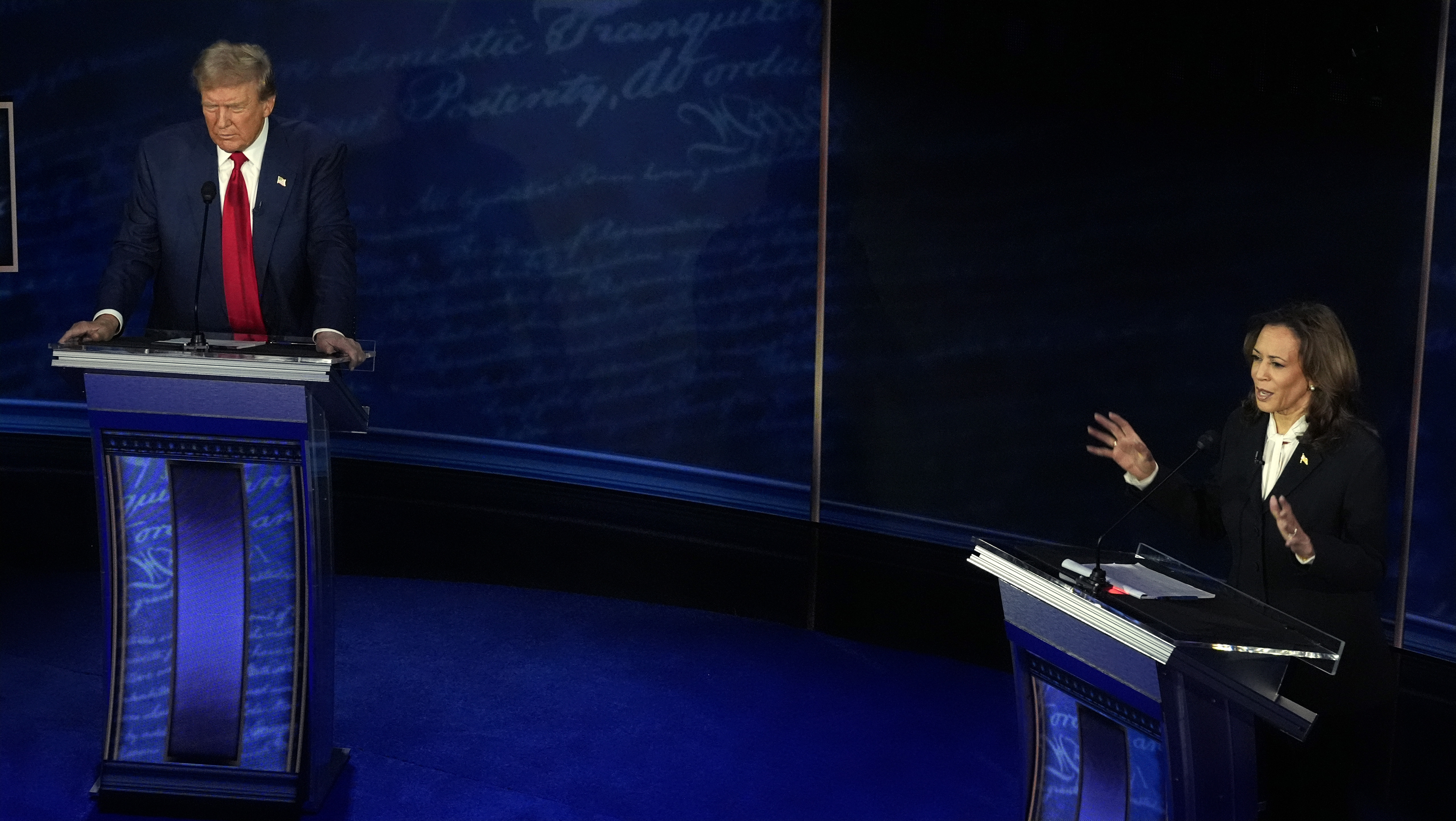 Republican presidential nominee former President Donald Trump and Democratic presidential nominee Vice President Kamala Harris participate during an ABC News presidential debate at the National Constitution Center, Tuesday, Sept.10, 2024, in Philadelphia. (AP Photo/Alex Brandon)