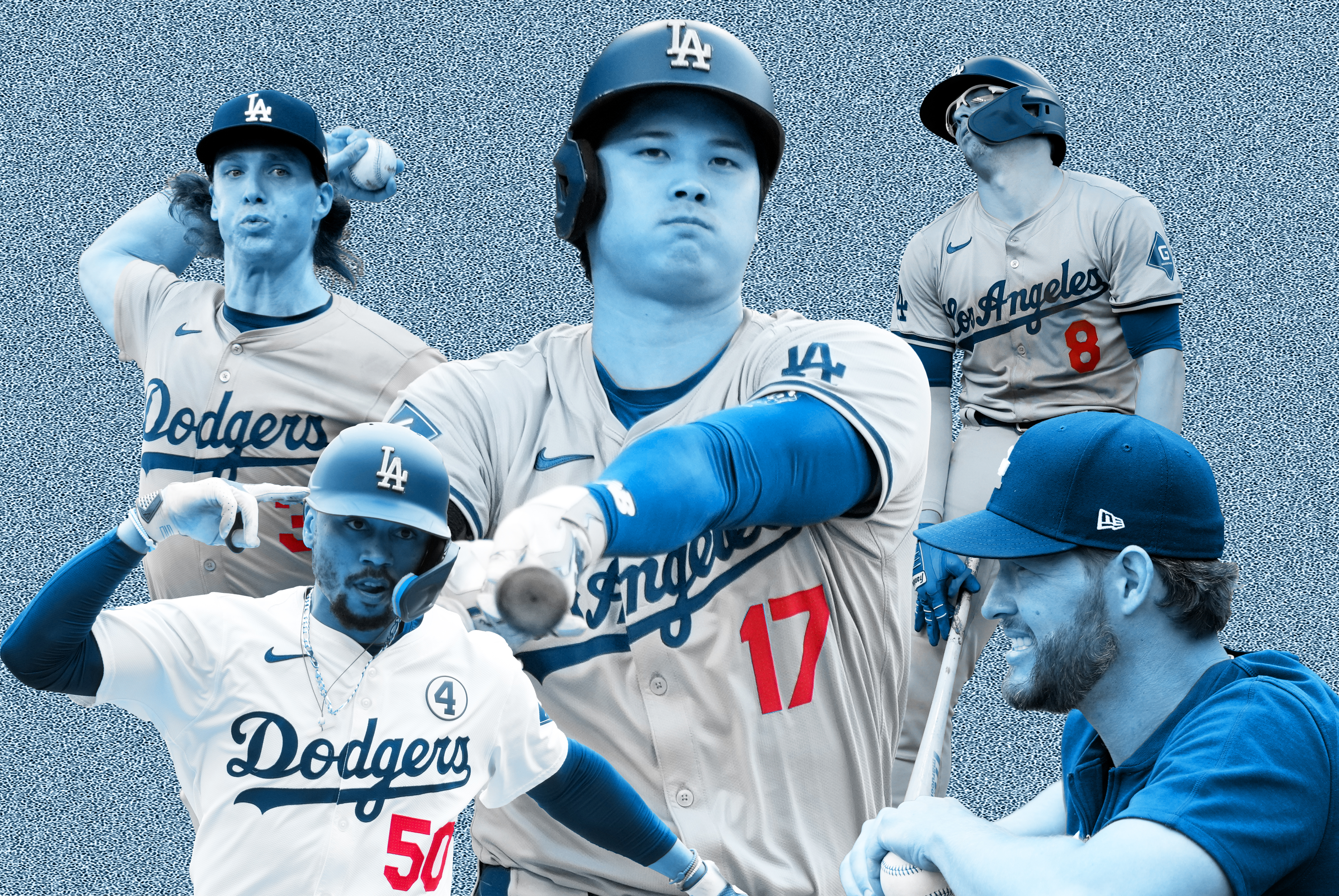 Clockwise from top: Shohei Ohtani, Kiké Hernández, Clayton Kershaw, Mookie Betts and Tyler Glasnow