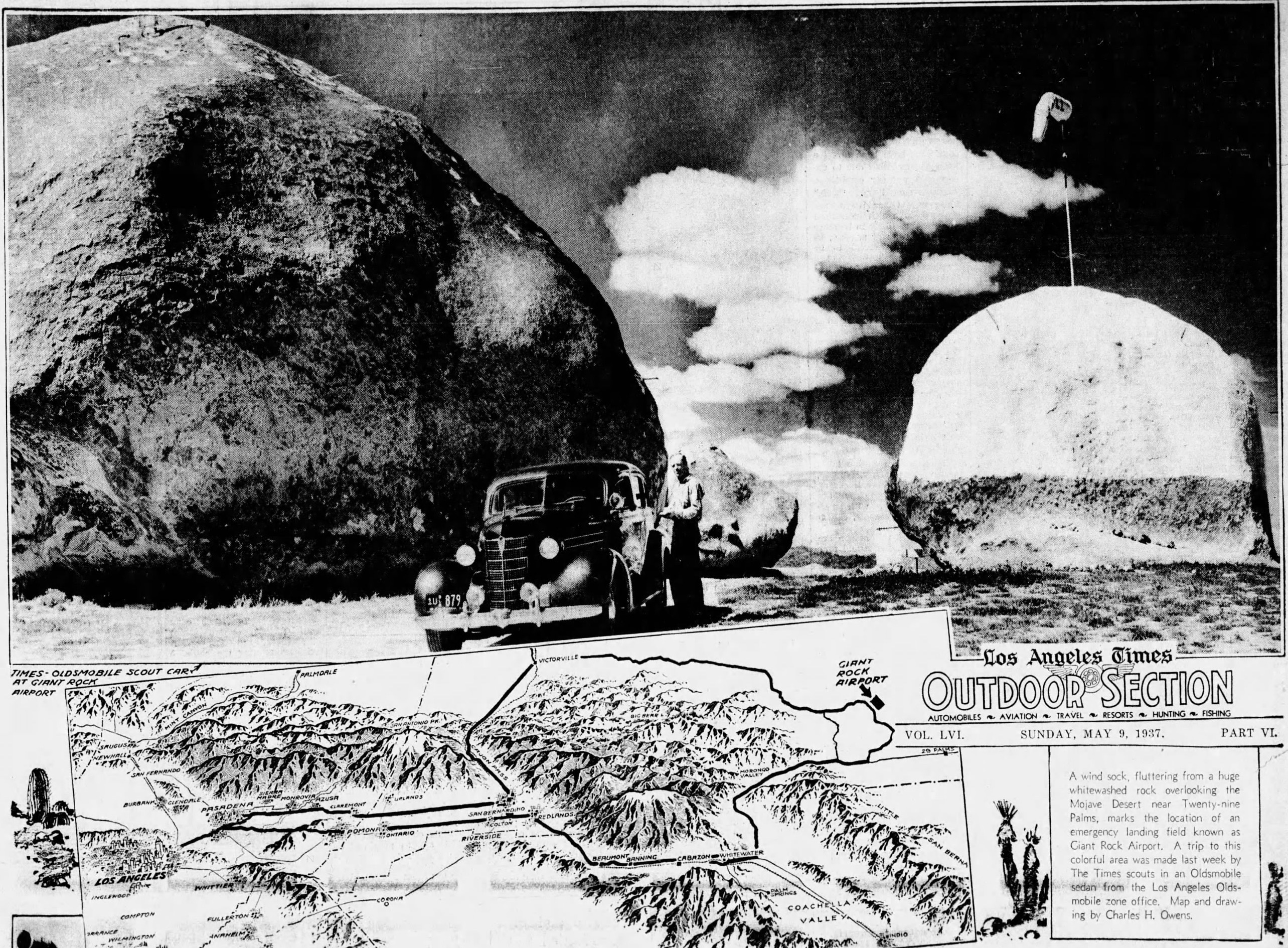 Newspaper clipping shows photograph of 1930s auto at Giant Rock, plus a detailed map locating Giant Rock Airport.