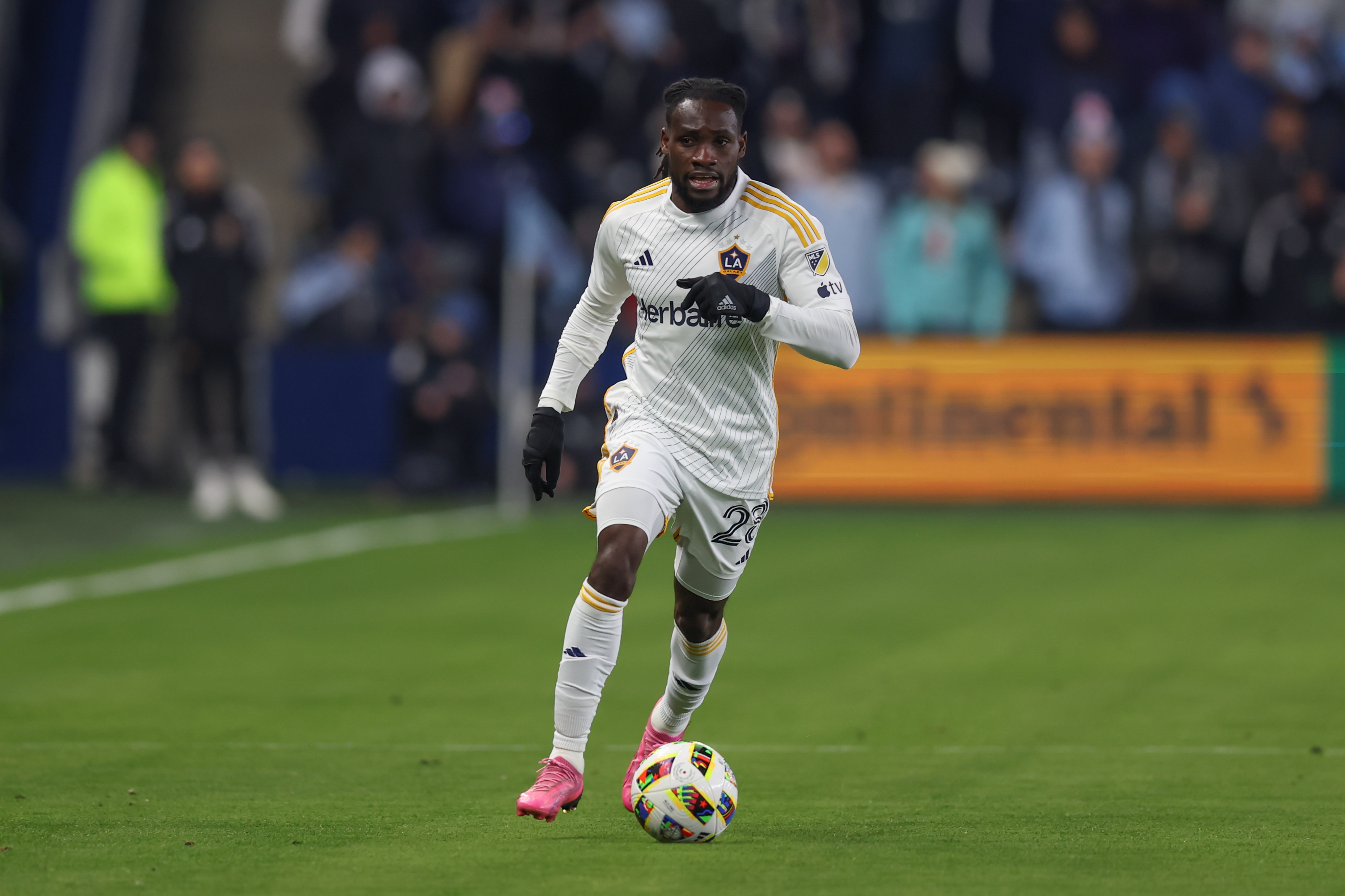 Galaxy forward Joseph Paintsil controls the ball during a match against Sporting Kansas City.