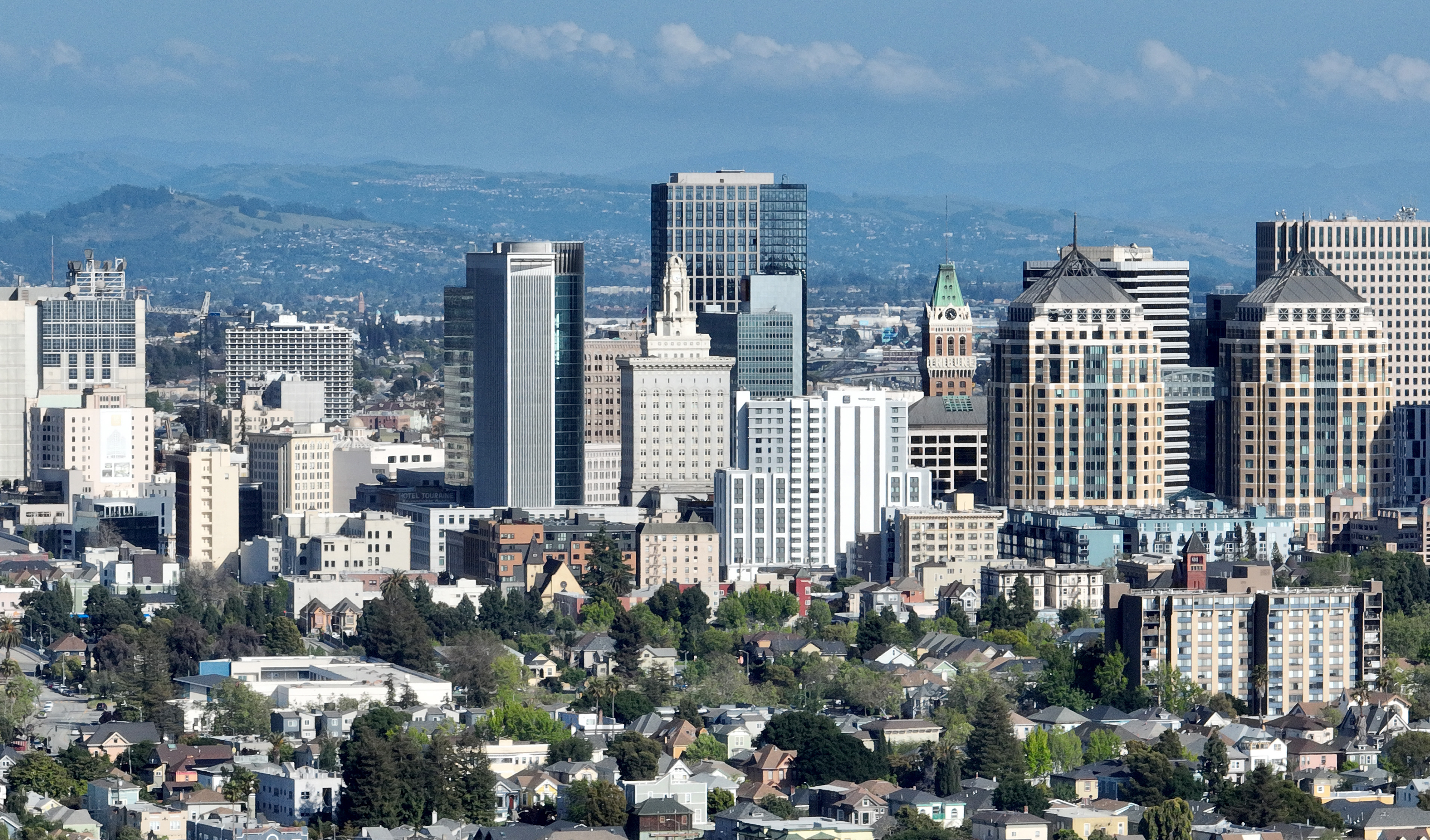 OAKLAND, CALIFORNIA - MAY 08: The Oakland skyline is seen from this aerial view in Oakland, Calif., on Monday, May 8, 2023. (Jane Tyska/Digital First Media/East Bay Times via Getty Images)