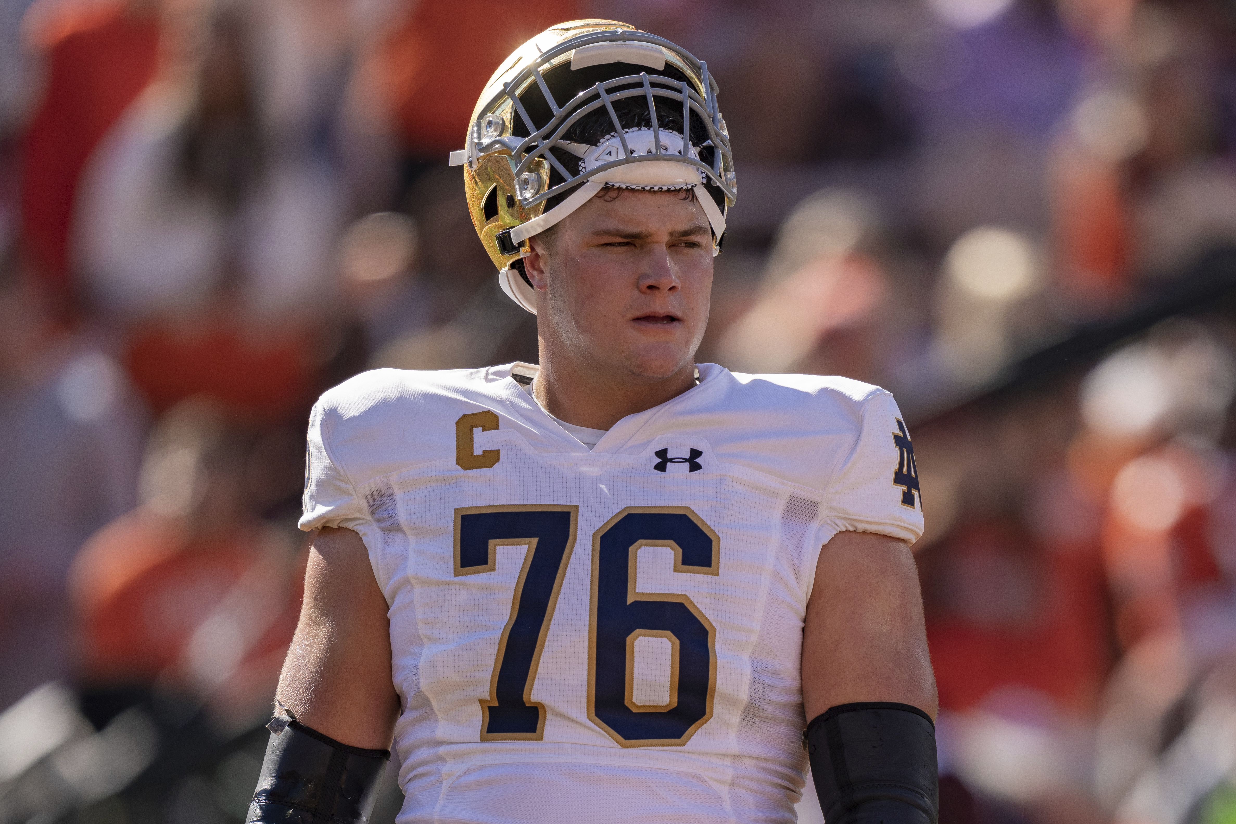 Notre Dame offensive lineman Joe Alt (76) warms up before a game against Clemson.