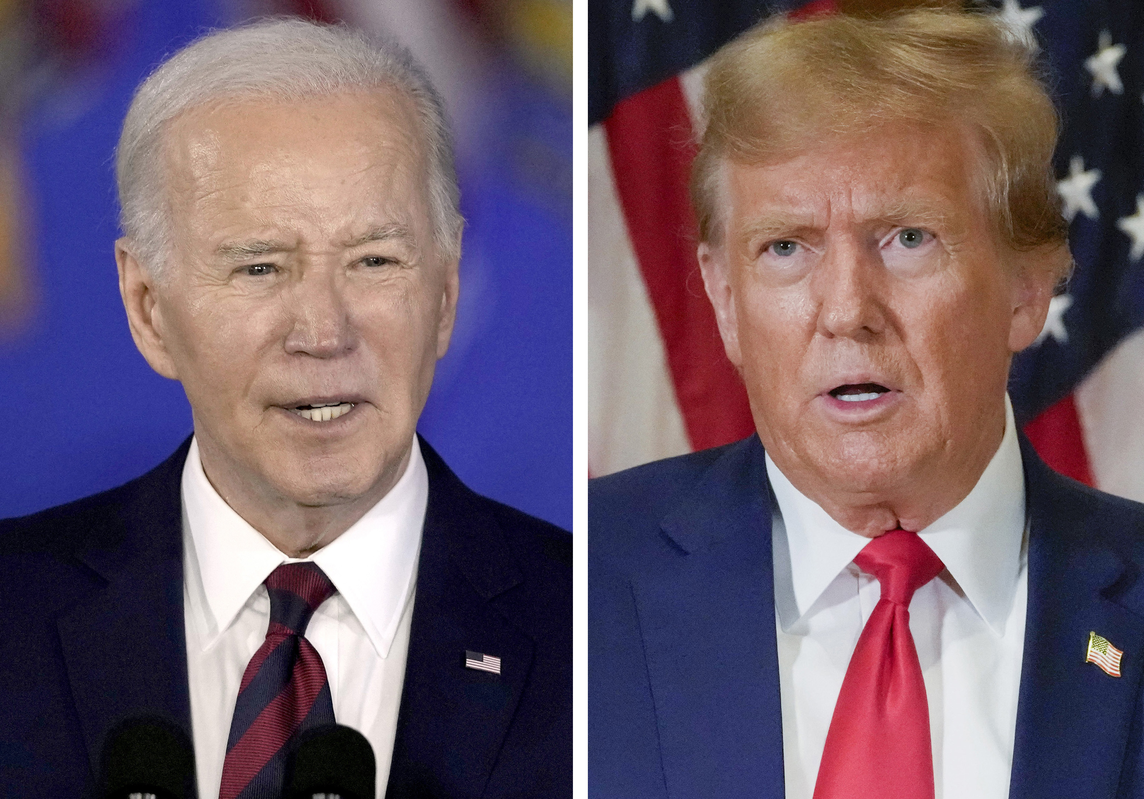 In this combination photo, President Joe Biden speaks in Milwaukee, March 13, 2024, left, and former President Donald Trump speaks in New York, Jan. 11, 2024. A new poll conducted April 4-8 from the AP-NORC Center for Public Affairs Research finds that more than half of U.S. adults think Biden's presidency has hurt the country on cost of living and immigration. Meanwhile, nearly half think Trump's presidency hurt the country on voting rights and election security, relations with foreign countries, abortion laws and climate change. (AP Photo)