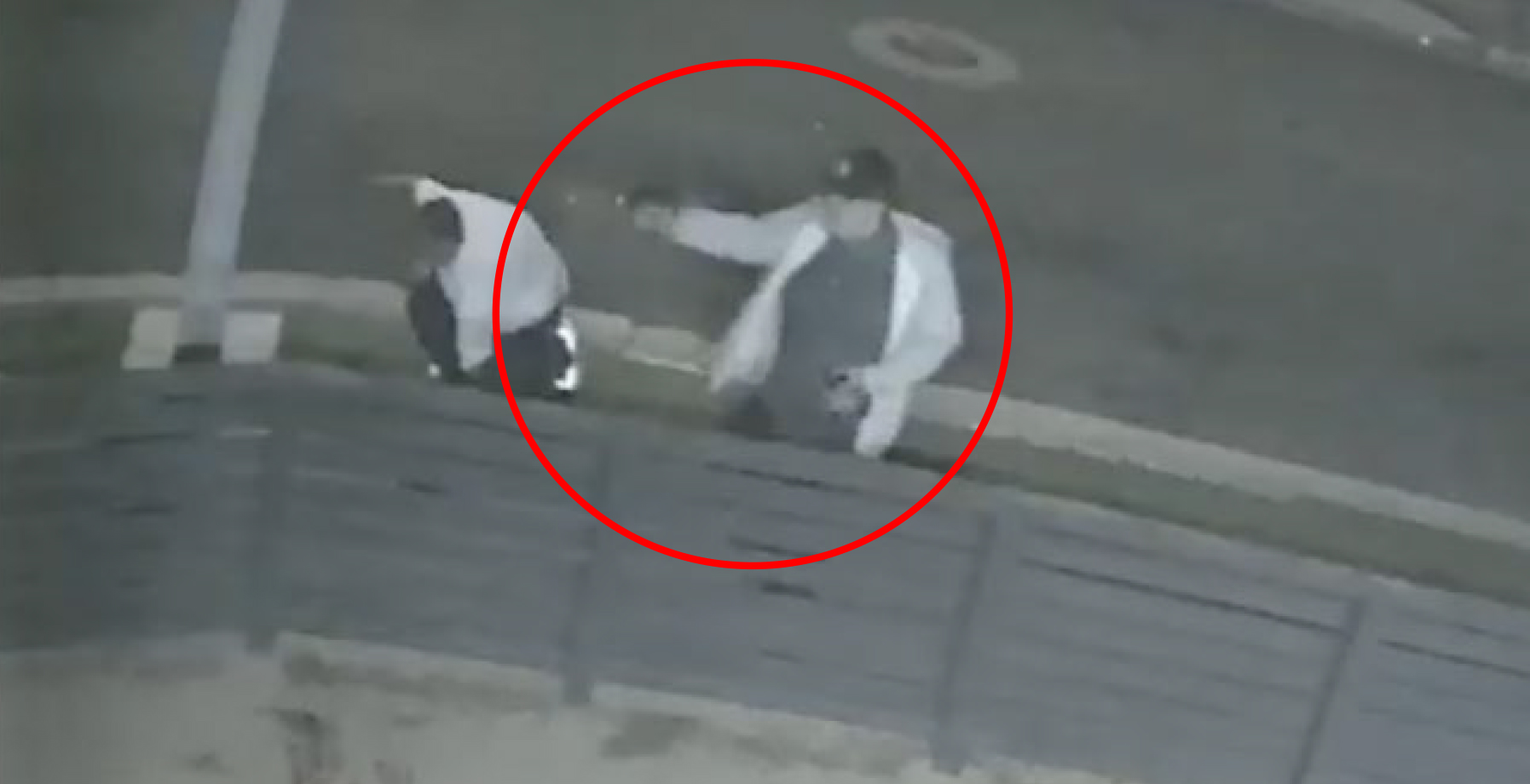 A screen shot of Defendant pointing his weapon during the firefight with L.C, while Yanez is kneeling down. During the firefight, L.C. shot G. Hernandez, who later died at the hospital. Defendant was arrested four days later, at LAX, with a one-way ticket to Mexico.