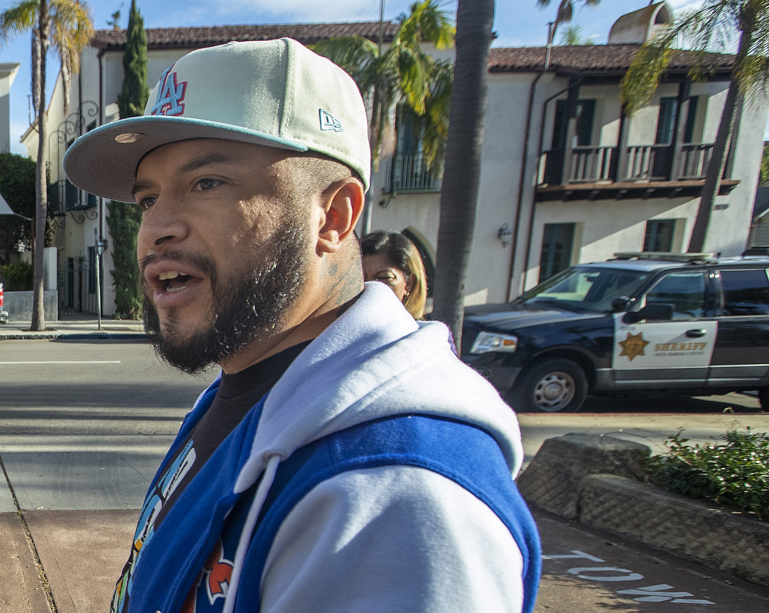 SANTA BARBARA, CA-NOVEMBER 30, 2023:Activist Edin Alex Enamorado, protests outside of Santa Barbara Superior Court during the arraignment for Jeanne Umana, a woman caught on two separate videos, using racist language to Latino men. Enamorado wants her to be charged with a hate crime. Her arraignment was continued until January 3, 2024. (Mel Melcon / Los Angeles Times)