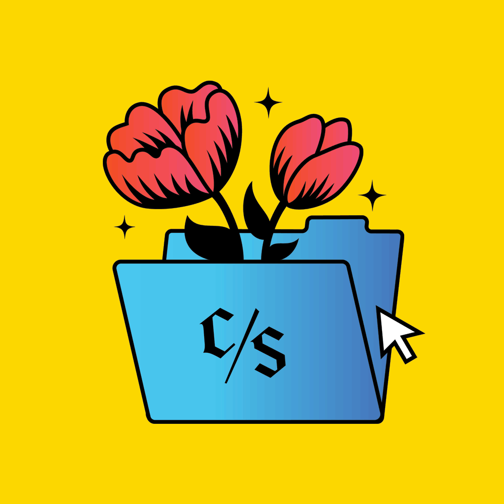 An illustration of a swaying red flower in a blue folder with the shorthand "C/S" written on it