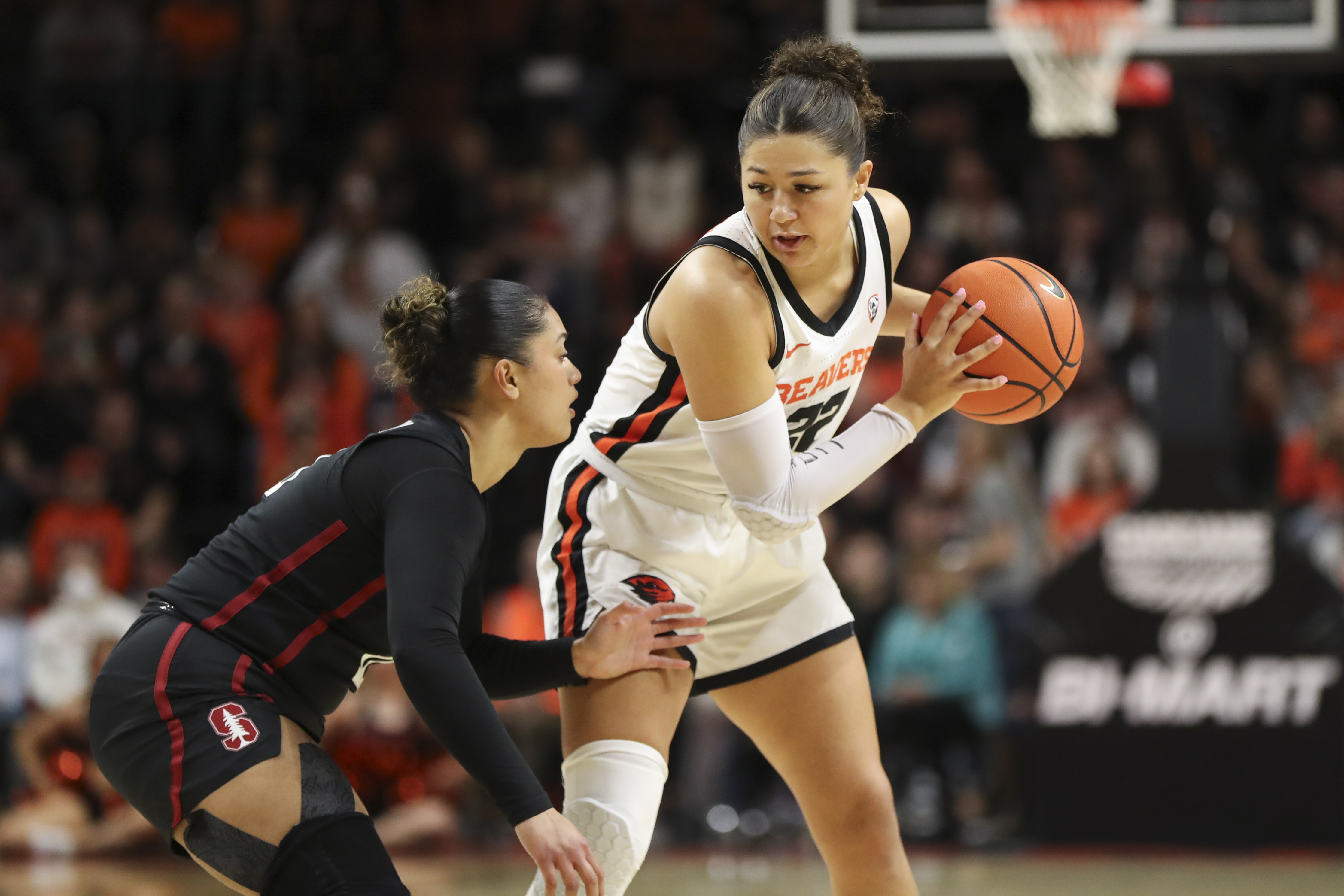 Oregon State guard Talia von Oelhoffen looks to get past Stanford guard Talana Lepolo