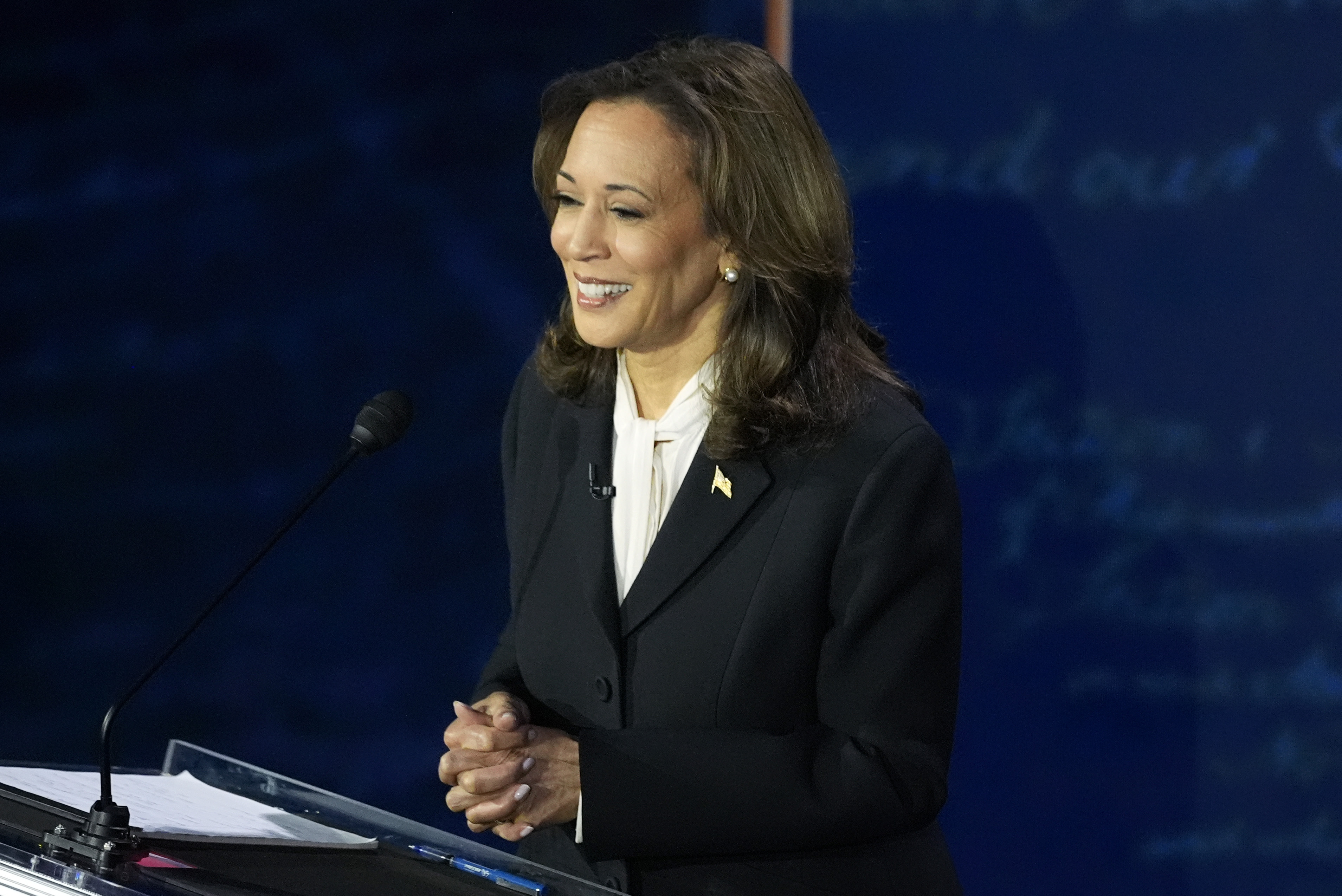 Democratic presidential nominee Vice President Kamala Harris listens during a presidential debate with Republican presidential nominee former President Donald Trump at the National Constitution Center, Tuesday, Sept.10, 2024, in Philadelphia. (AP Photo/Alex Brandon)