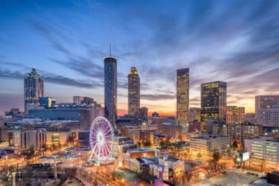 A city with a ferris wheel