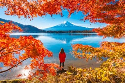 Tourist admiring Mt. Fuji in autumn with water