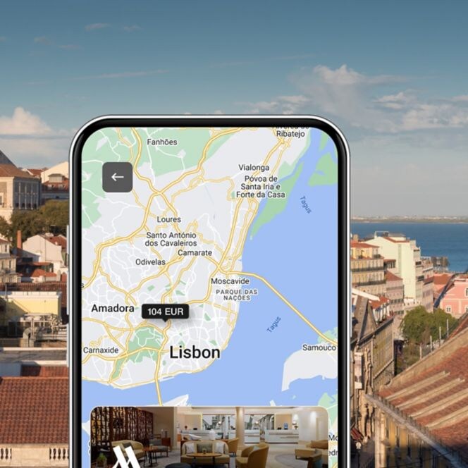 View of Lisbon, mobile app search inset in phone