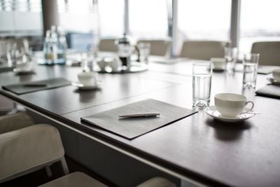 Table set up for a meeting. 