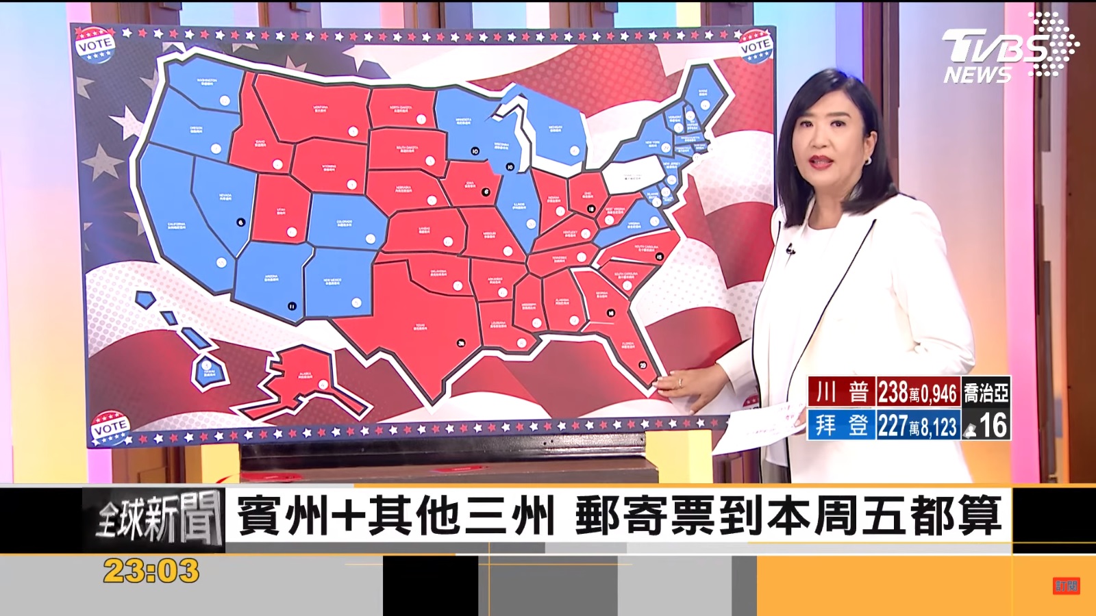 TVBS美選特報，FOCUS全球新聞主播方念華挑燈夜戰，帶觀眾持續關注最新選情直到晚間12點。(圖／TVBS)