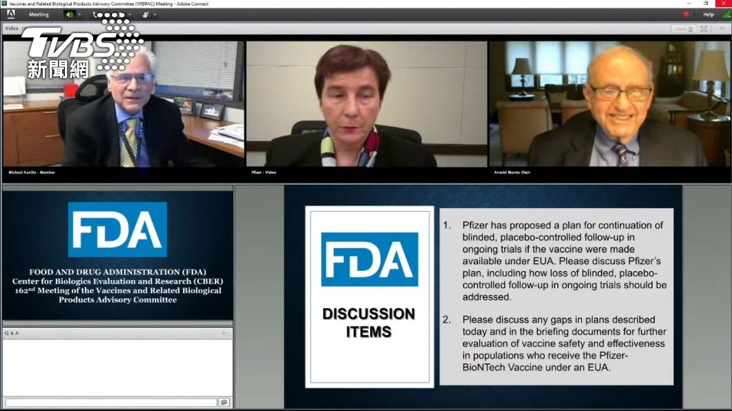 美國FDA審查輝瑞BNT疫苗緊急使用授權時在線上直播。（圖／翻攝U.S. Food and Drug Administration YouTube）