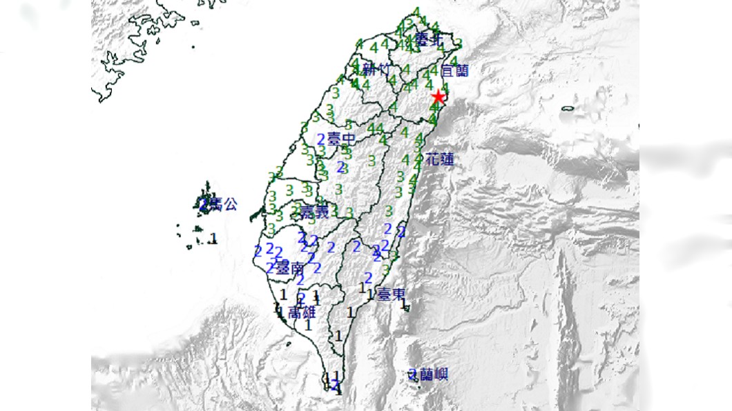 今下午接連發生2次有感地震，幾乎半個台灣震度都達3至4級。（圖／中央氣象局）