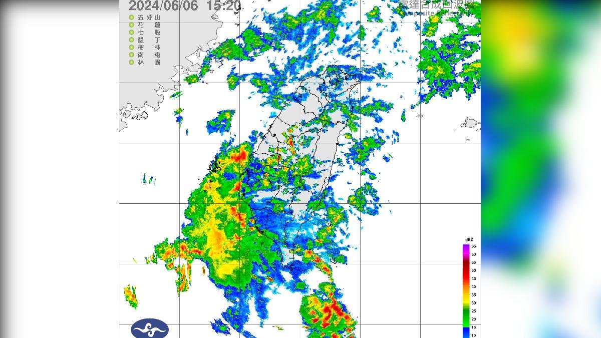 今（6日）華南雲雨區東移，各地水氣偏多，午後雨勢將會增加。（圖／中央氣象署）